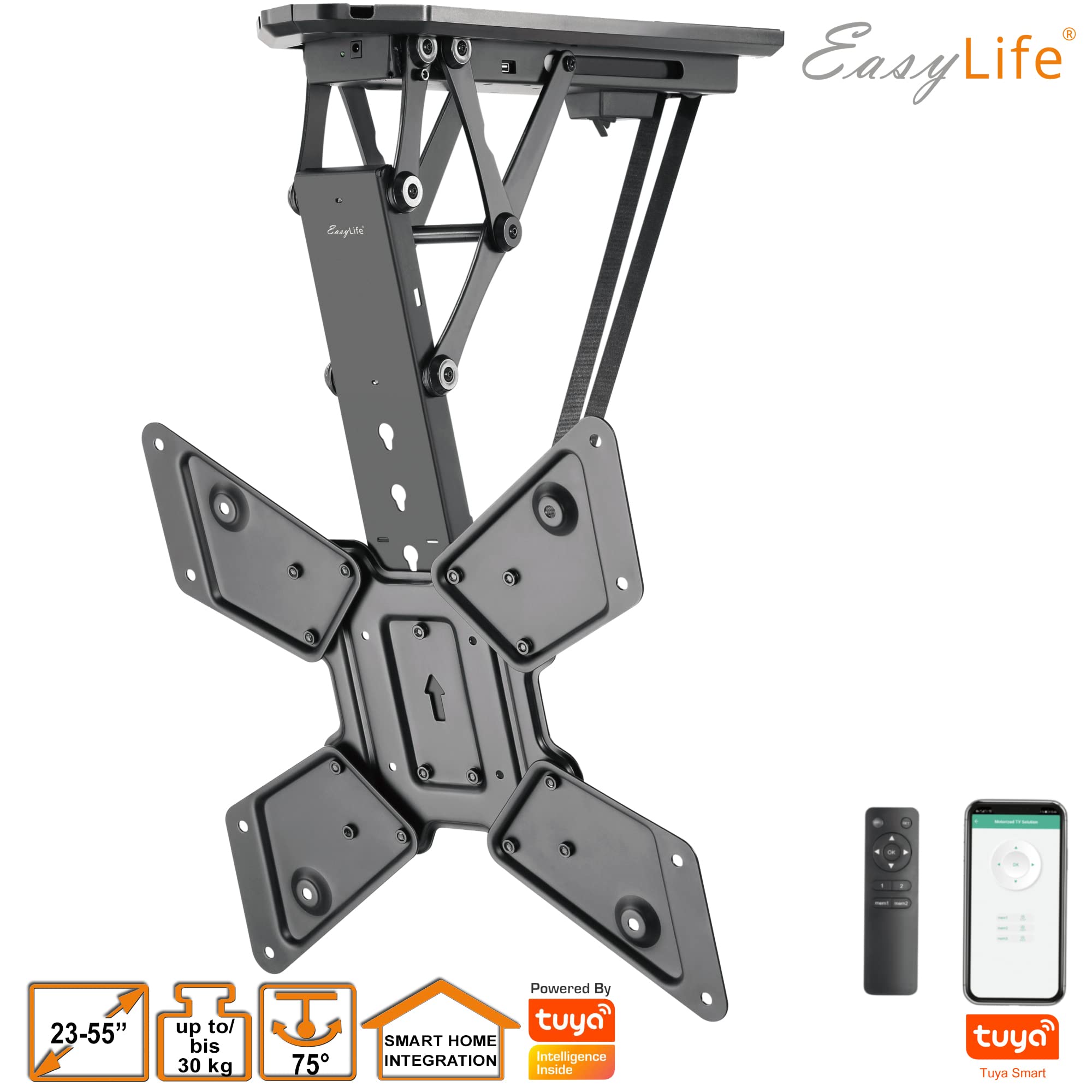 EasyLife Soporte de Techo para TV V2 con Eléctrico Y Giratorio, Integración Smart Home, de 37 A 75 Pulgadas, Soporte VESA hasta 600×400 para Televisores LCD/OLED, Monitores, Pantallas - Negro