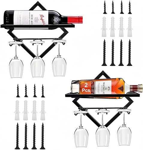 Estante de vino para montar en la pared, 2 unidades, estante plegable para vino colgante con soporte para vidrio, soporte de metal para copa de vino