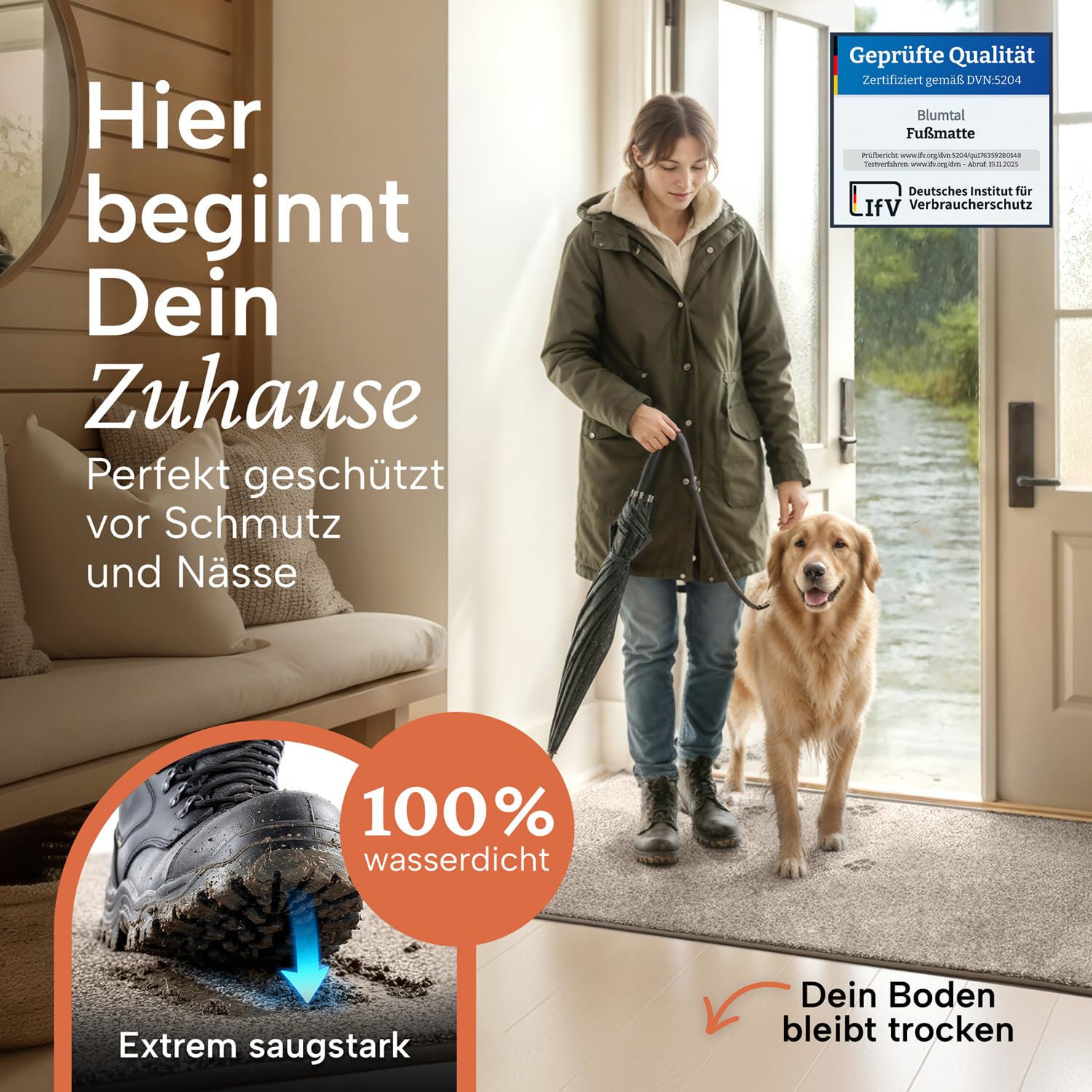Blumtal Fußmatte 86x150 cm - Mikrofaser Schmutzfangmatte 80 x 120 mit wasserdichter TPR-Rückseite - rutschfeste Fussmatte innen - Schmutzmatte aus Hochleistungs-Mikrofaser in Beige