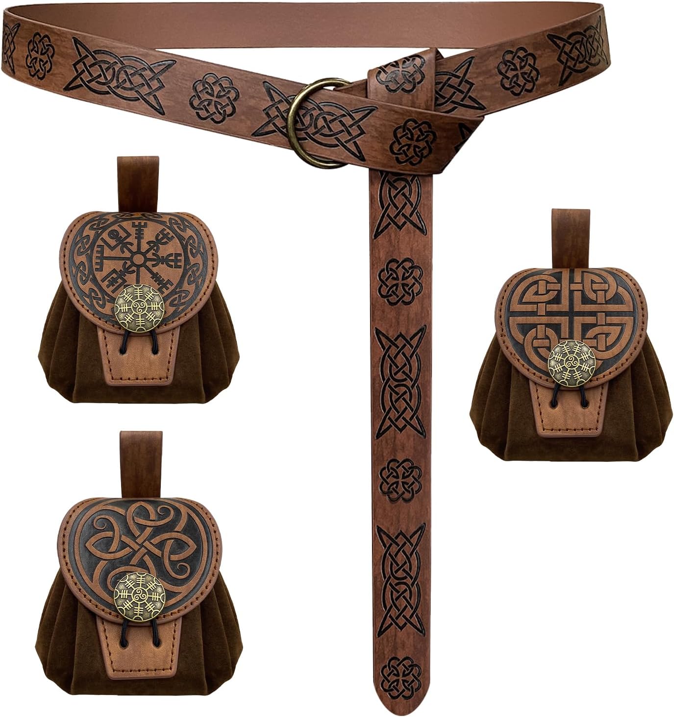 EpicCos 4 PCs Medieval O Ring Belt and Drawstring Pouch Set, Retro Faux Leather Belt Bag Dice Bag Portable Coin Purse For LARP (Black B)