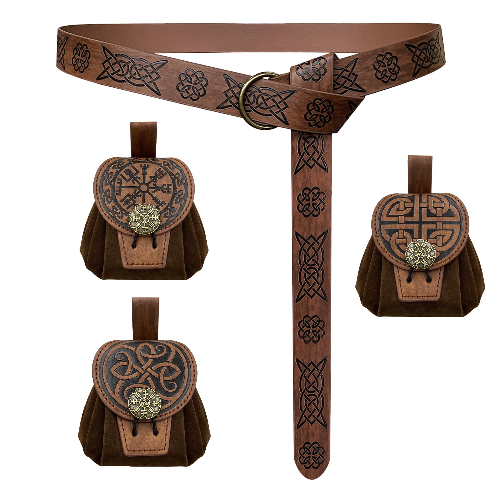 EpicCos 4 PCs Medieval O Ring Belt and Drawstring Pouch Set, Retro Faux Leather Belt Bag Dice Bag Portable Coin Purse For LARP (Brown B)