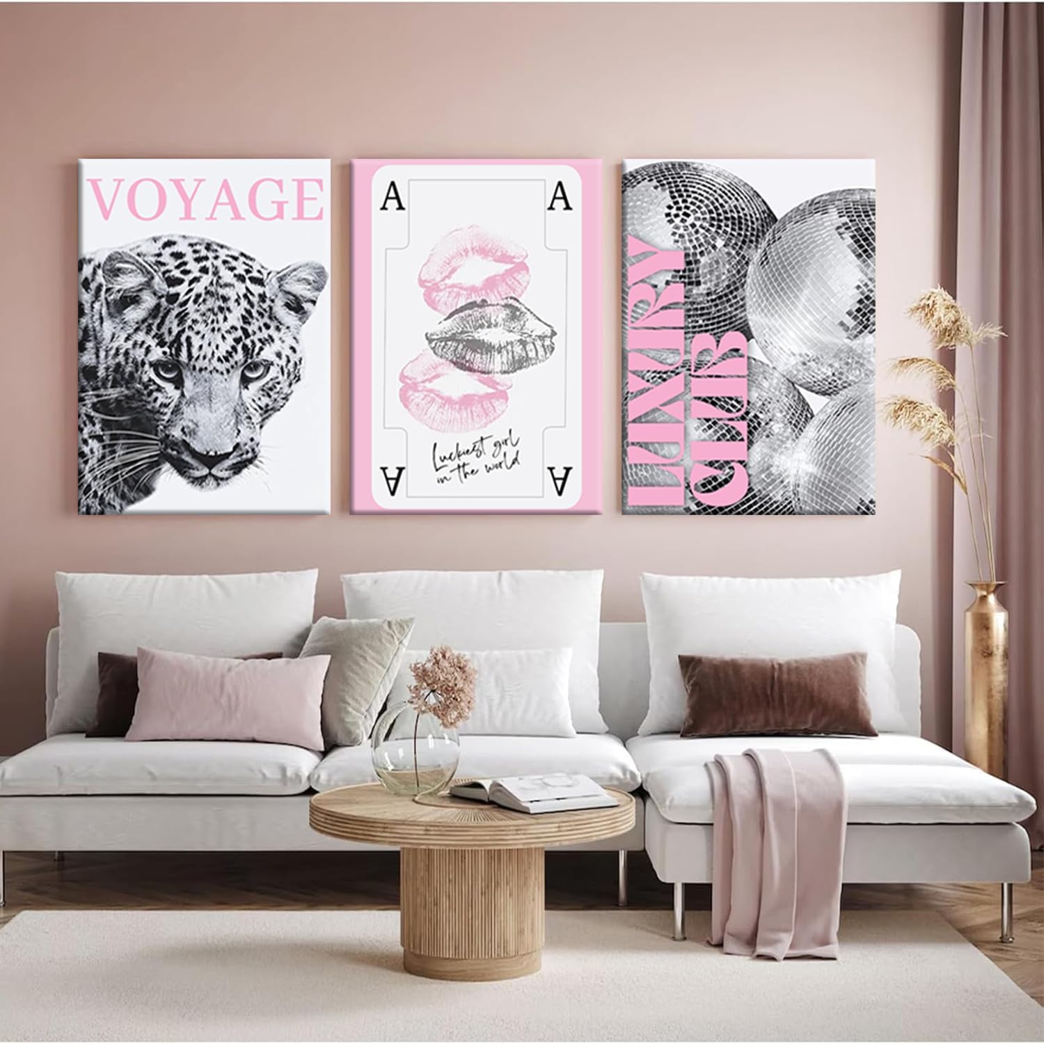 Pink Leopard Lucky Girl Poker Wall Art Set of 3 – Trendy Pink & Black Preppy Canvas Prints with Cheetah Artwork, Ace Card Lips Poster & Disco Ball Luxury Club Aesthetic Decor for Bedroom Dorm Apartment12×16 in