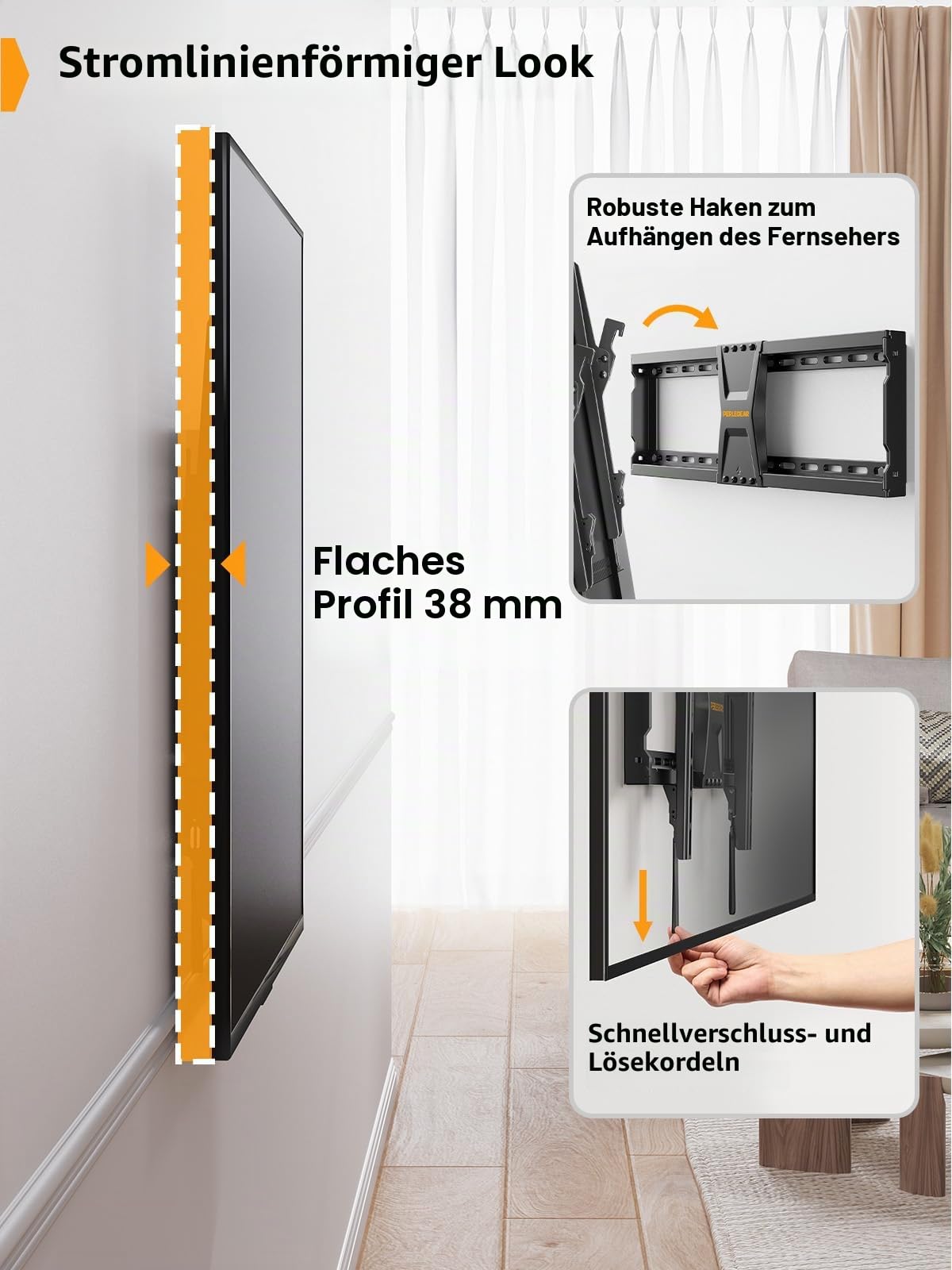 Perlegear TV Wandhalterung Neigbar für 37-82 Zoll Flach- und Curved-Fernseher (bis 60 kg, VESA 600x400mm) – Universelle TV Halterung mit Verstellbaren Zugschnüren, Model PGLT5