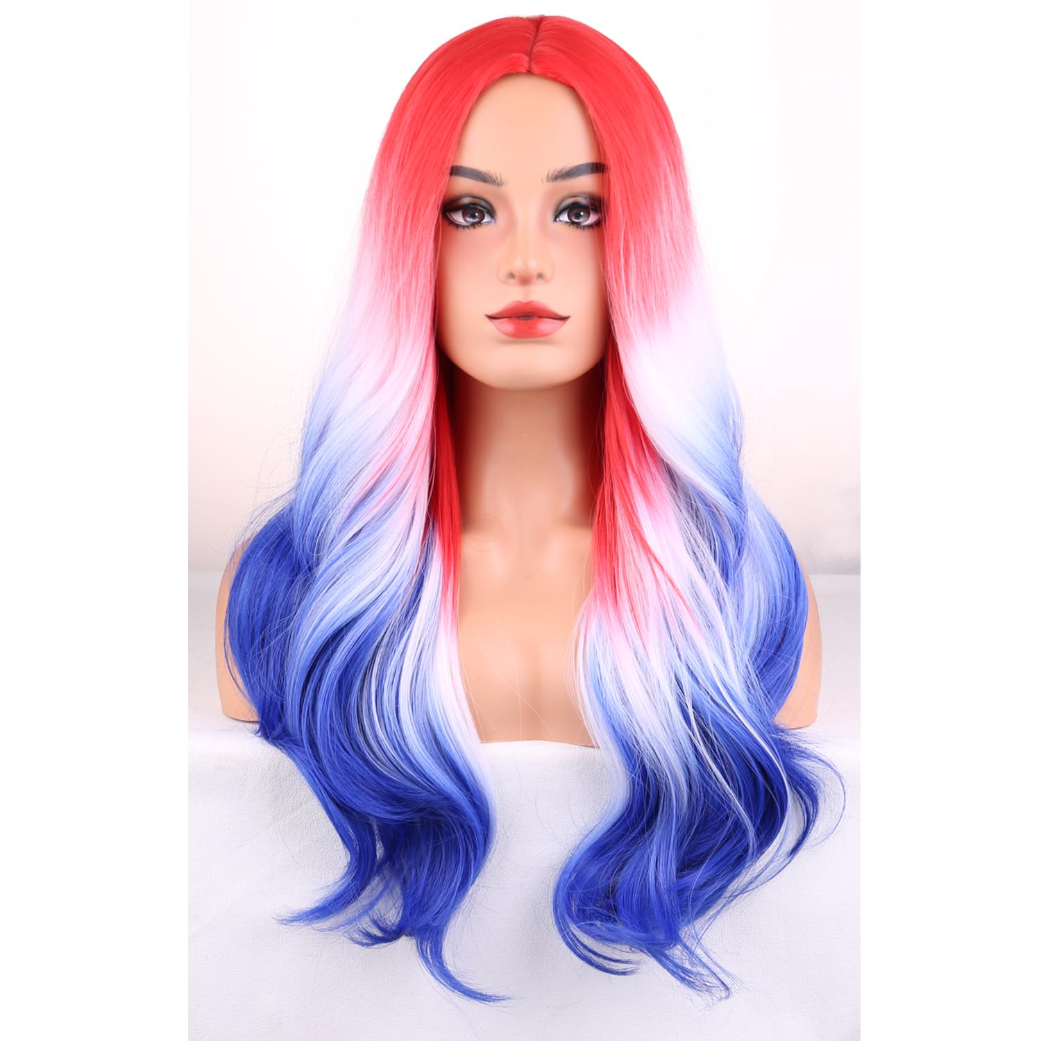 MAGQOO Red Blue White Wig for Women Girls 4th of July Wig Long Wavy Blue Red White Wigs Middle Part Fourth of July Wigs American Flag Independence Day