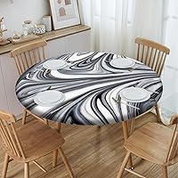 Vista 3 de Mantel con patrón de mármol, borde elástico, adecuado para catering y cocina, se puede limpiar para mesa redonda de comedor, para mesas redondas
