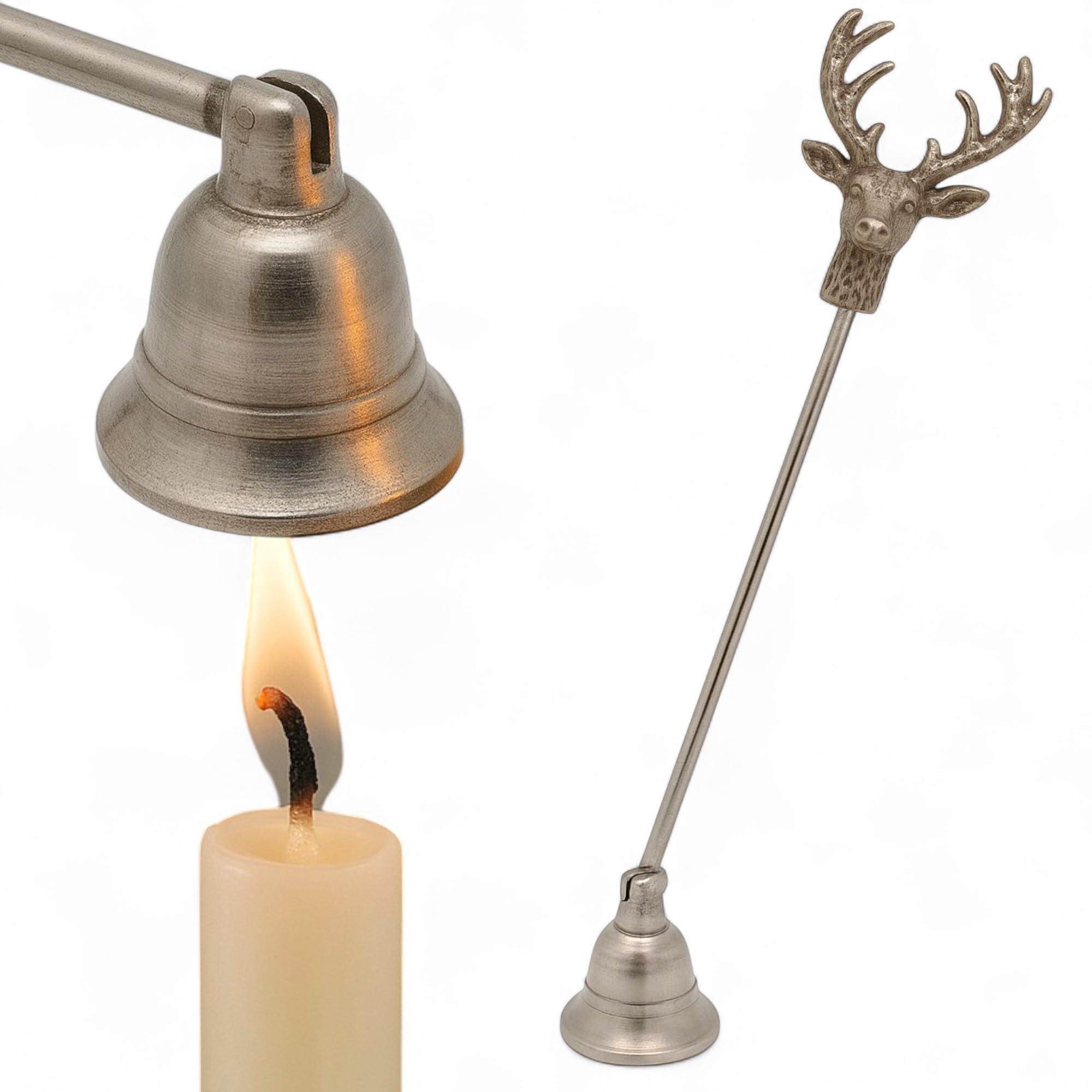 Estintore per candele, in metallo, con manico e snodo, strumento per candele, estintore per stoppini (argento – testa di cervo)
