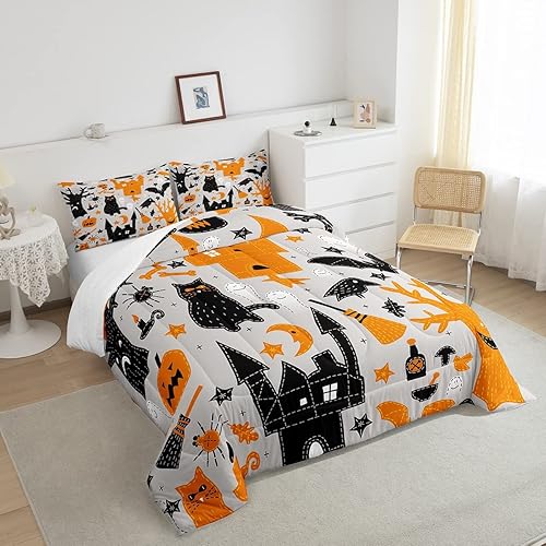 Miniatura 4 de Erosebridal Ropa de cama de gato negro tamaño matrimonial, juego de edredón de Halloween para adolescentes y adultos, relleno de edredón de dibujos