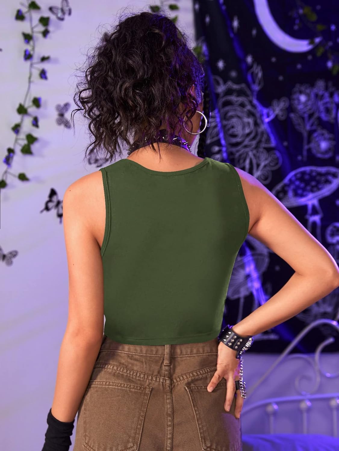 Floerns Women's Cut Out Sleeveless Round Neck Punk Rock Solid Ripped Crop Tank Top: X-Small Green