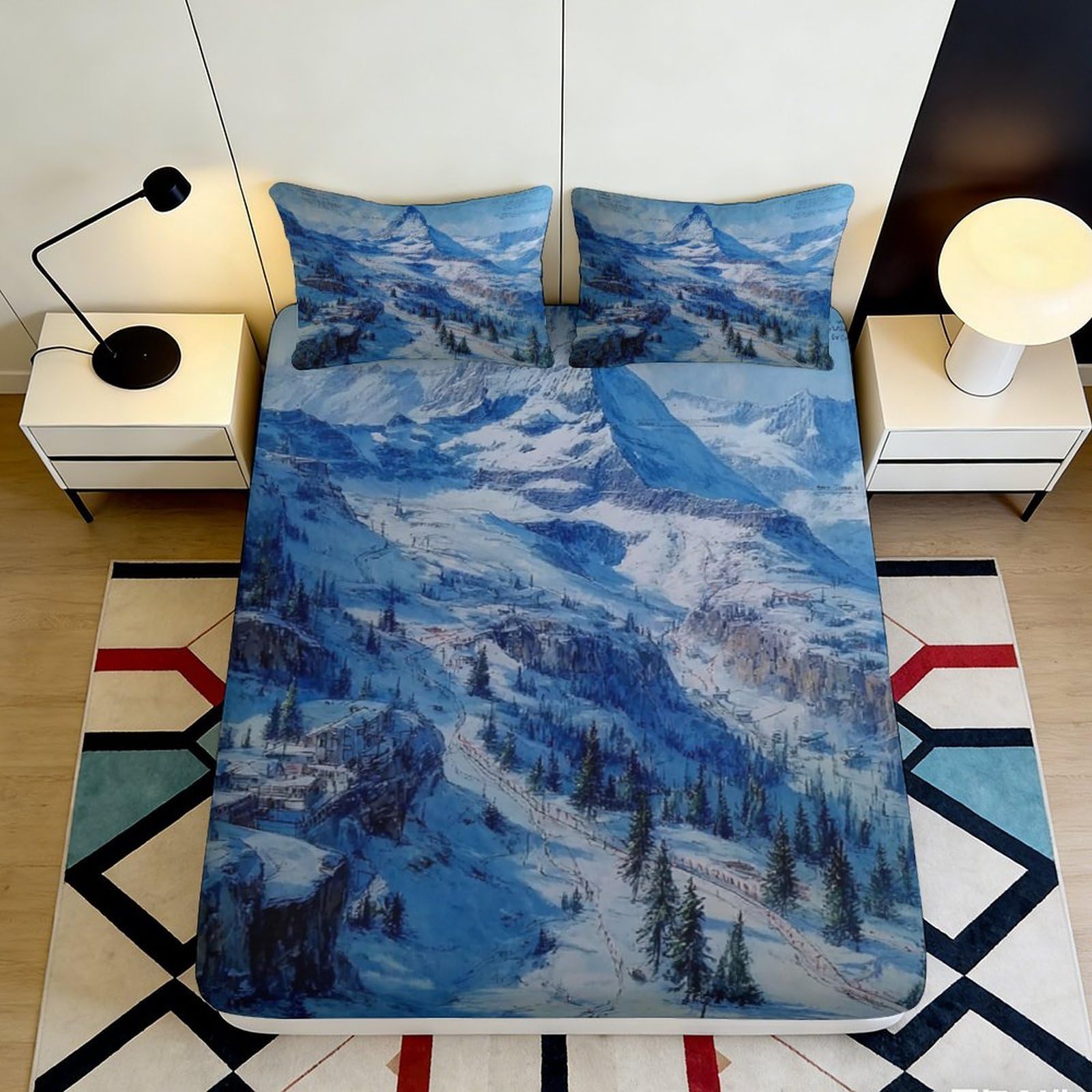 3D Printed Alpine Snow Mountain Fitted Sheet Microfiber Soft Blue Winter Forest Bed Cover for Bedroom Guest Room 90x200x25cm