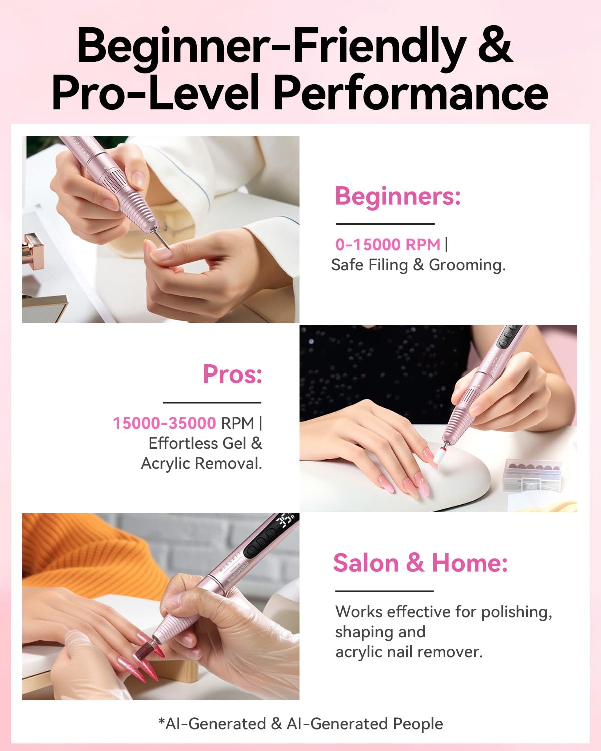 Makartt Ponceuse à ongles électrique professionnelle - 35 000 tr/min - Lime à ongles électrique pour ongles en gel et ongles en acrylique, formes d'ongles, élimination des callosités, silencieuse