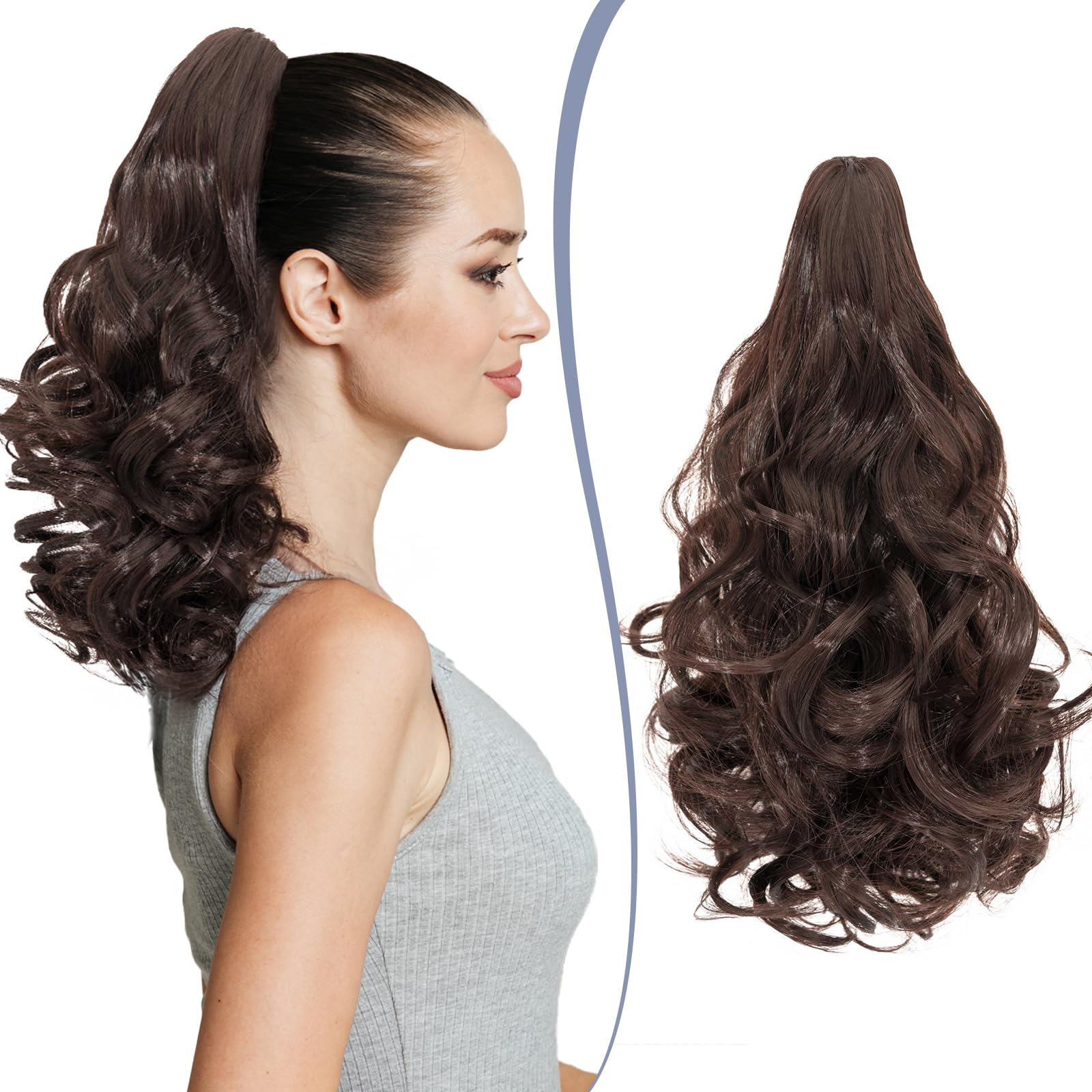 TESS Claw On Ponytail Extension Matte Material 14 Inch/37cm Curly Wavy Clip In Pony tail Synthetic Hairpiece, Dark Brown