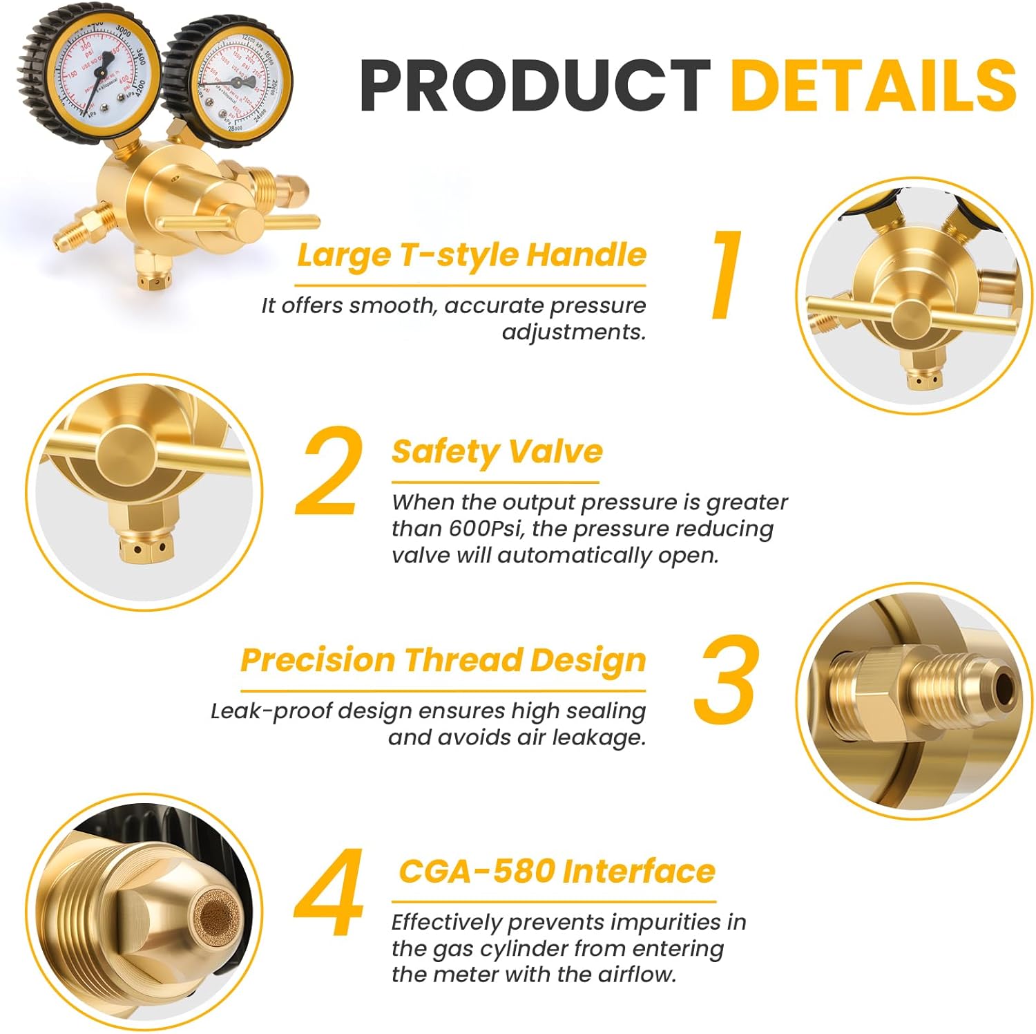 Nitrogen Regulator, Nitrogen Tank Gauge HVAC with 5Ft Hose 0-600 PSI Delivery Pressure, CGA580 Inlet, 1/4" Male Flare Fitting
