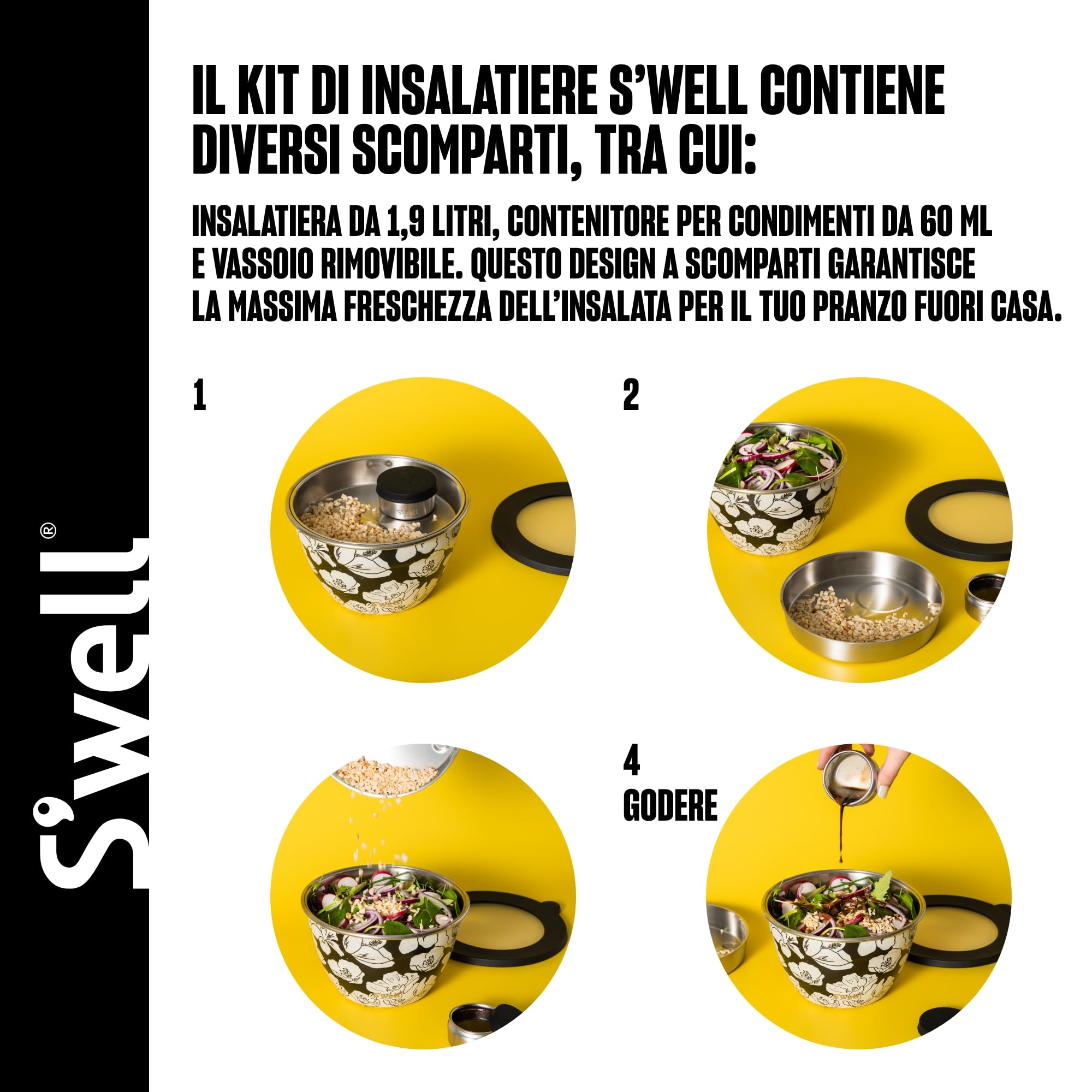 S'well Kit per insalatiera in acciaio inox, 1,9 litri, con contenitore per condimenti da 60 ml e vassoio rimovibile per l'organizzazione, a prova di perdite, facile da pulire, lavabile in