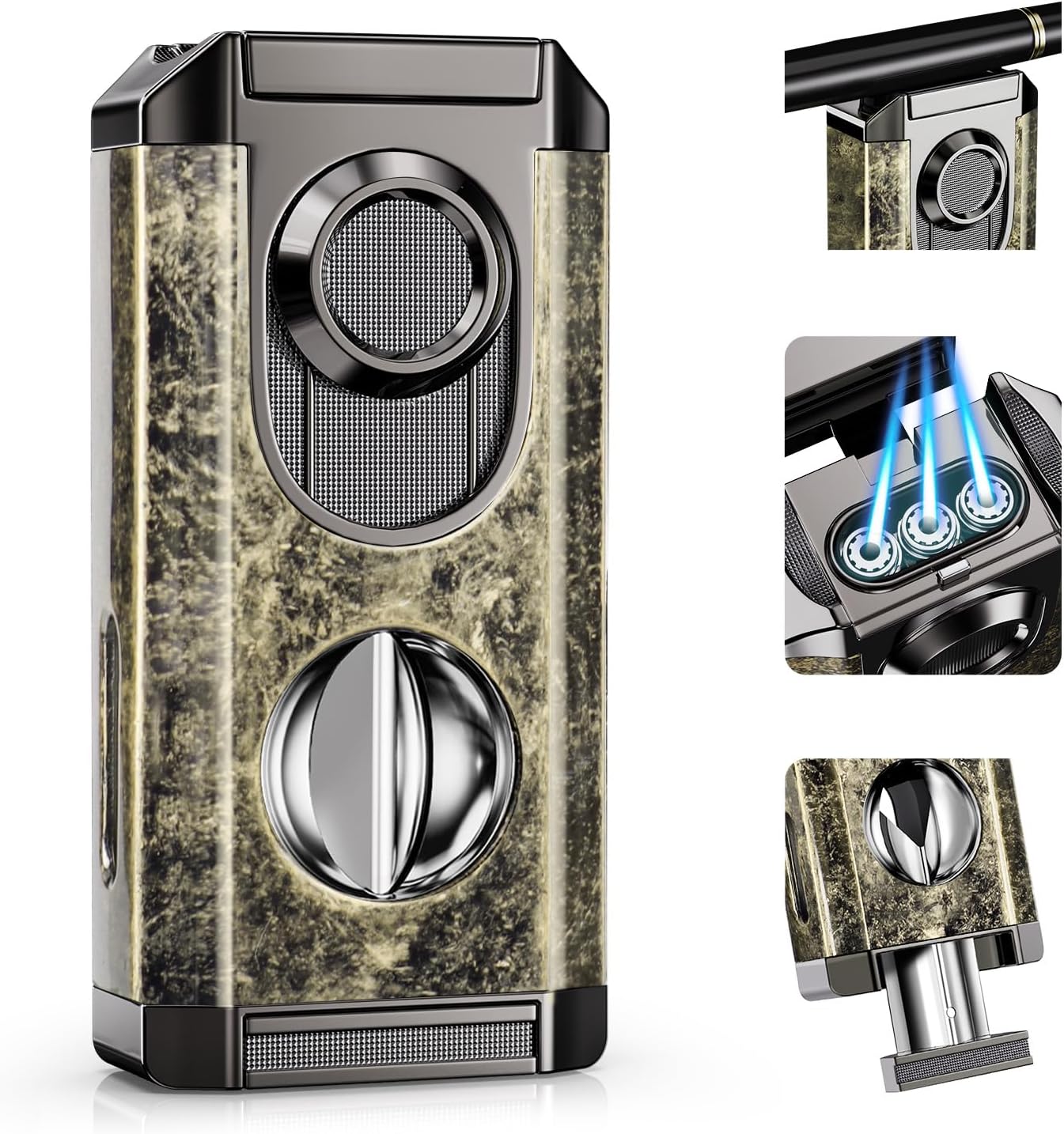 Triple Jet Torch Lighter with Cutter and Holder, Windproof Butane Lighter, Refillable, Built in Multi Tool, Portable for Outdoor Travel, Gifts for Men, Candle Use