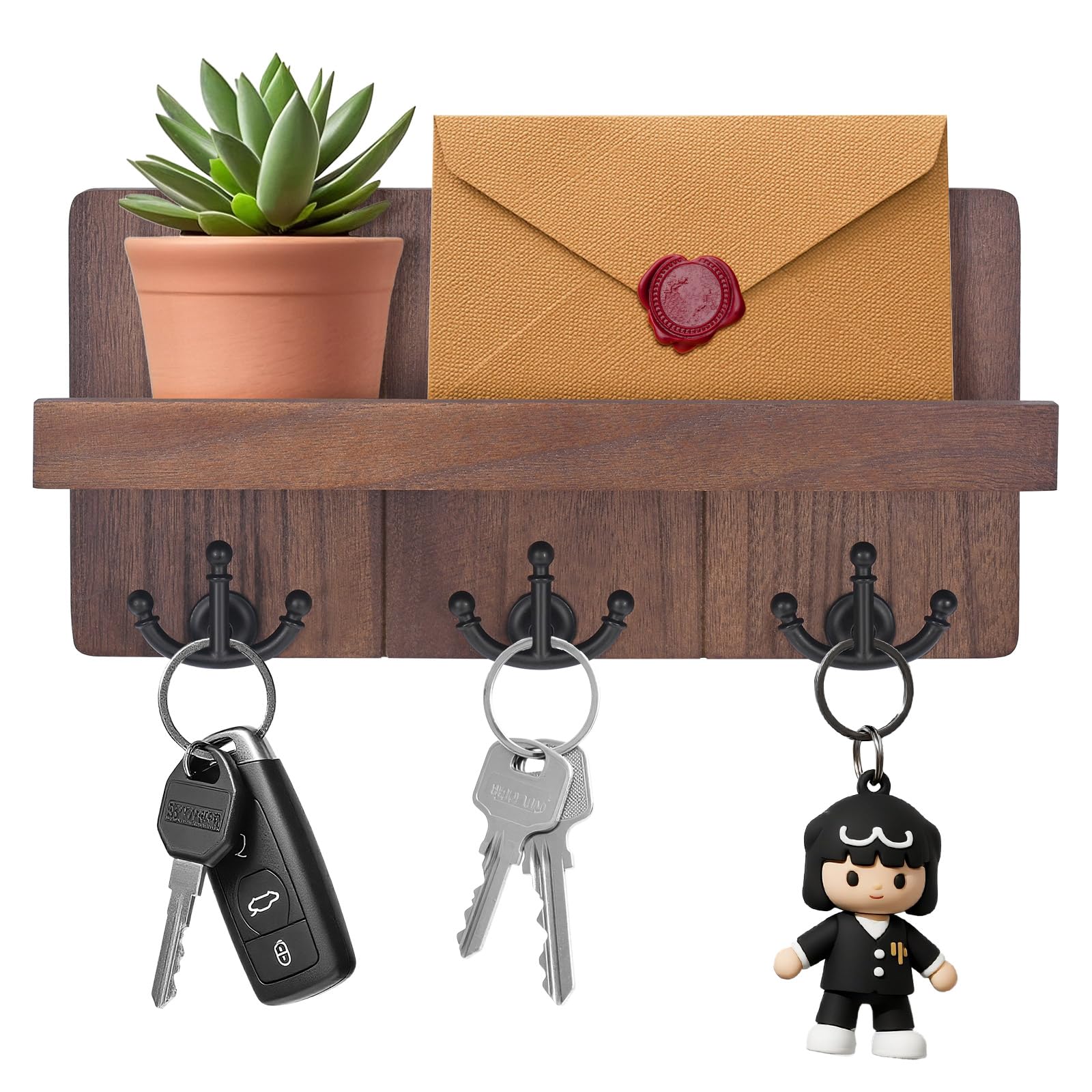 Kldgris Key Holder for Wall, Key Organiser with 3 Sturdy Key Hooks, Key Hooks Wall Mounted Decor Wood Key Rack for Hallway, Entryway, Mudroom, Office (Brown)