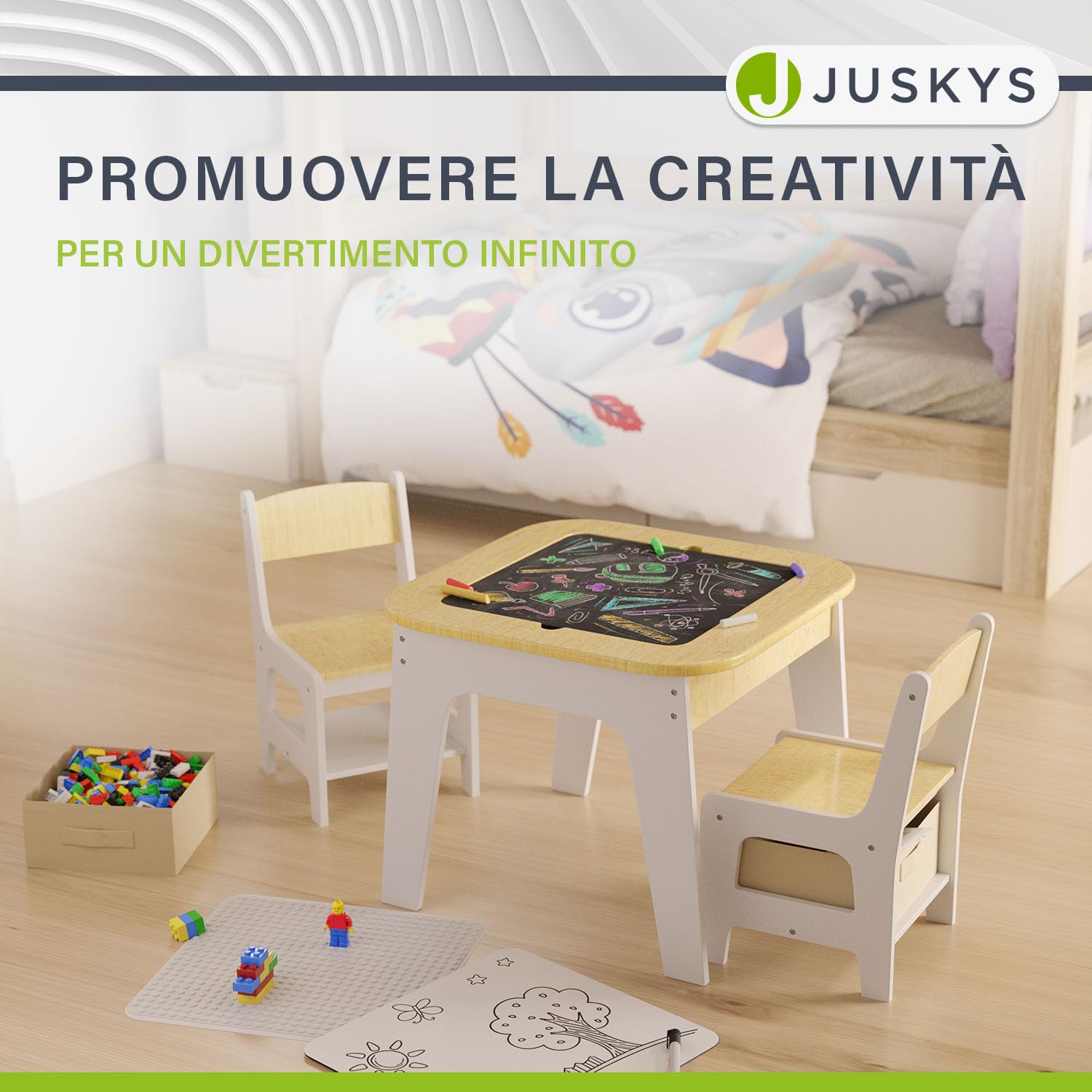 Juskys Set da tavolo per bambini Milou - 2 sedie & 1 tavolo in legno con spazio contenitore - set gioco e disegno per bambini - naturale