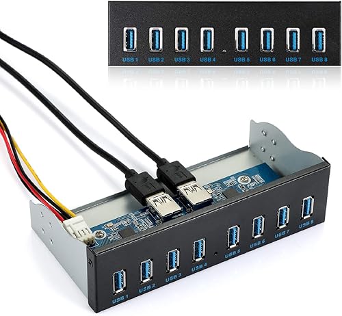 Tarjeta de expansión de concentrador de panel frontal USB 3.0 de 8 puertos - con cables de 19 pines y SATA, 5 tornillos de montaje - Compatible con
