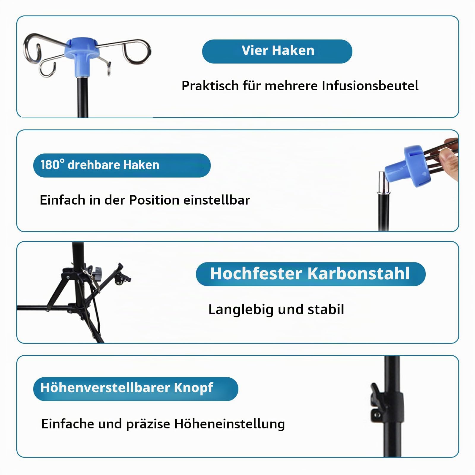 Infusionsständer mit Rollen, Faltbar & Mobil, Höhenverstellbar 90–190 cm, 4 Haken 180° Drehbar, Mit 3 Netz-Taschen, Tragetasche & Bremsrollen – Tragbarer Infusionshalter