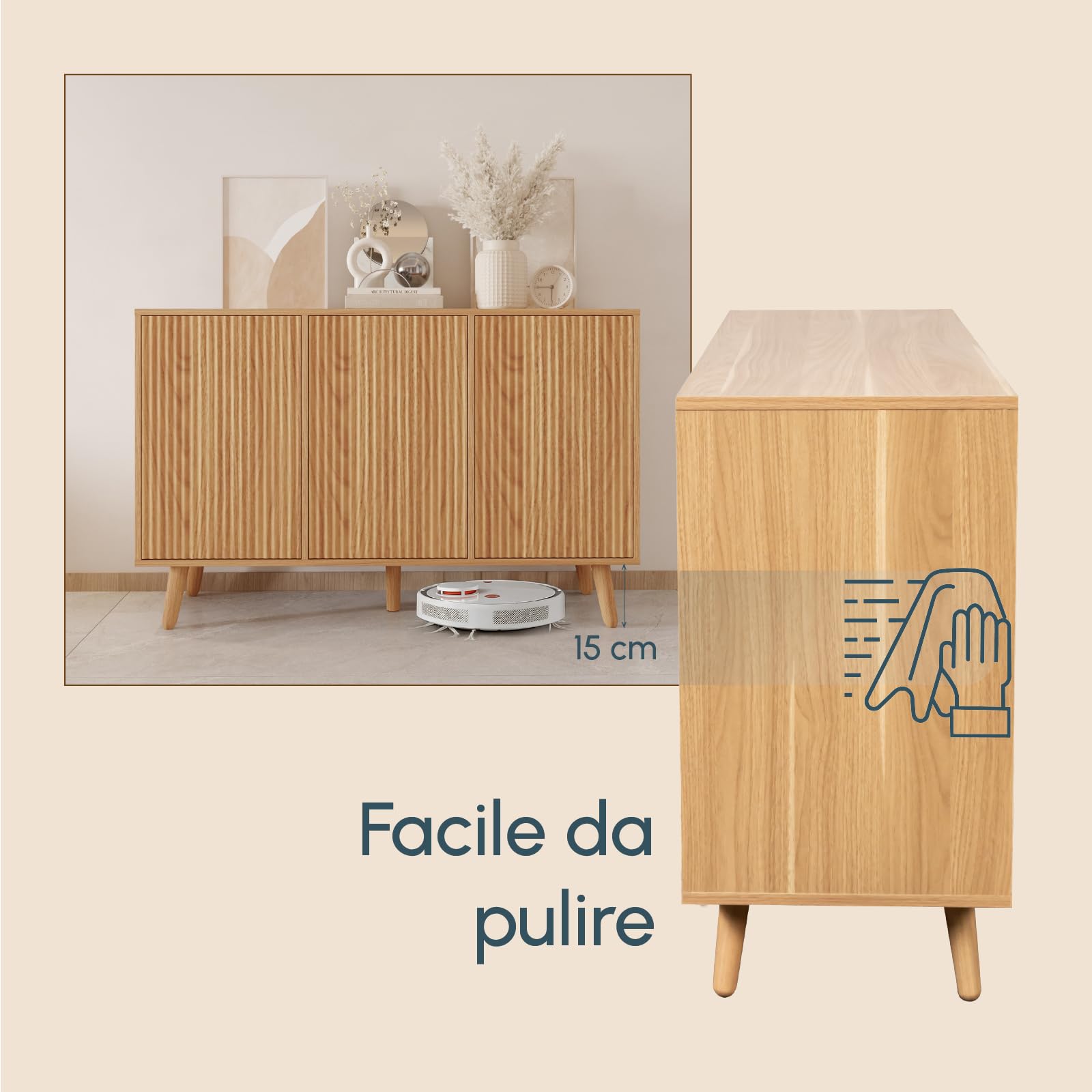 MB Muebles Bonitos, Credenza con ante scanalate Renzo per Soggiorno Sala da pranzo moderno, Design Ondulato, Gambe in Legno, Melamina e PVC, Colore Rovere Alba, 120x76x40 cm