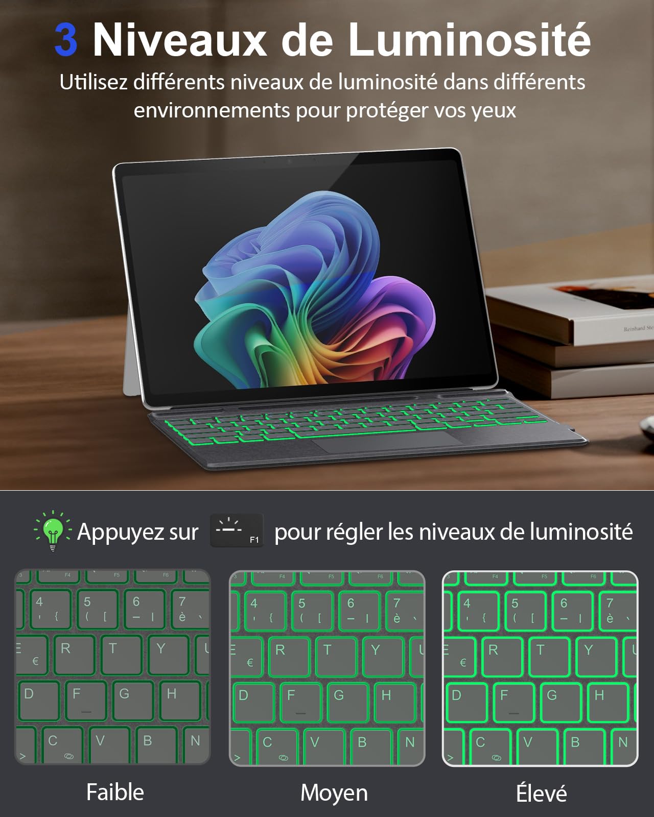 MoKo Clavier Français Compatible avec Microsoft Surface Pro 12 (13 Pouces 12ᵉ Génération 2026)/11/10/ 9/8/ X, Clavier AZERTY Bluetooth avec Pavé Tactile, Rétroéclairage 7 Couleurs, Rechargeable