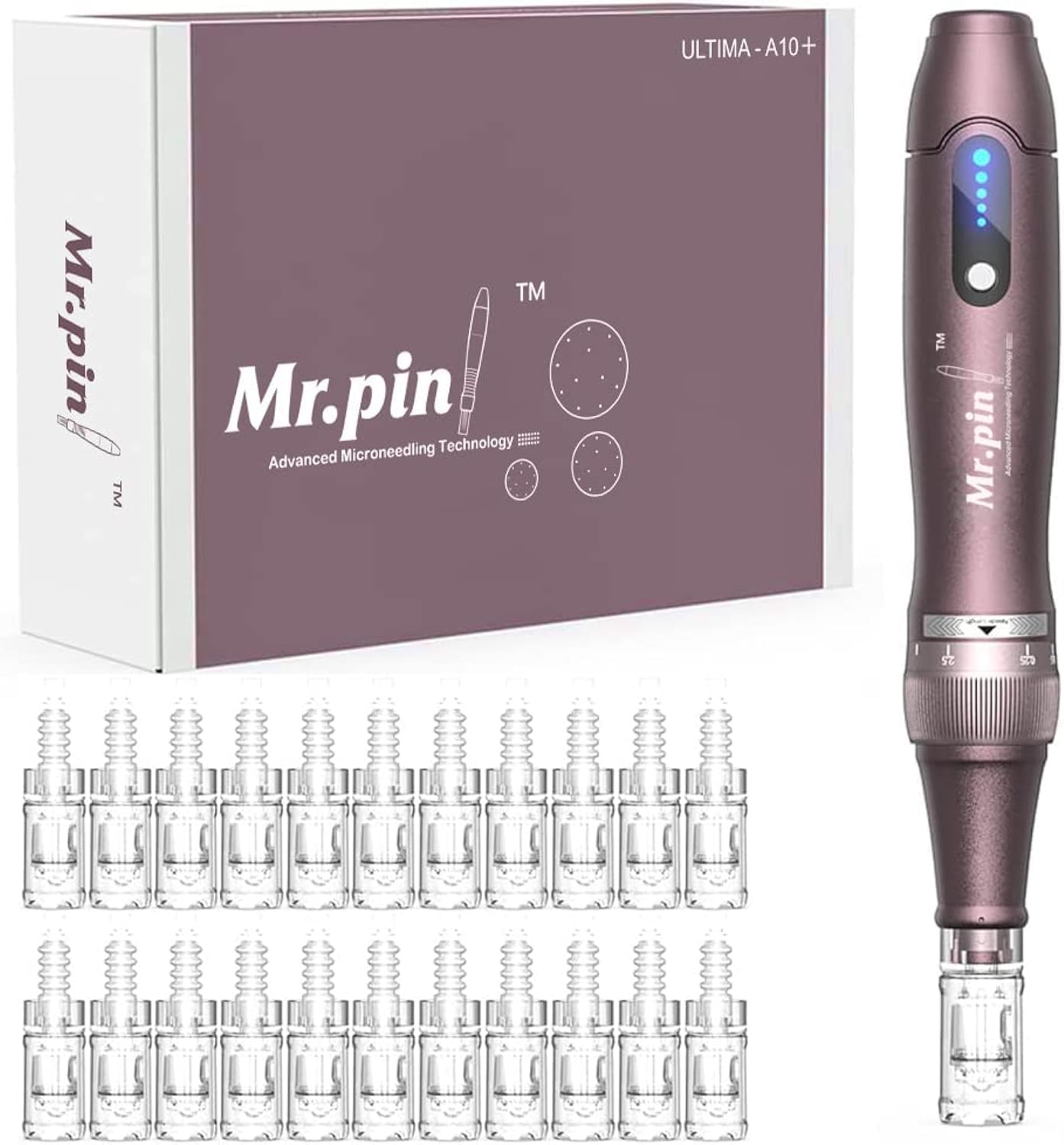 Original Derma Pen Mr.Pin A10 Plus - Wireless with 20 Pieces Replacement Cartridges Different Sizes - Skin and Hair Care, Brown