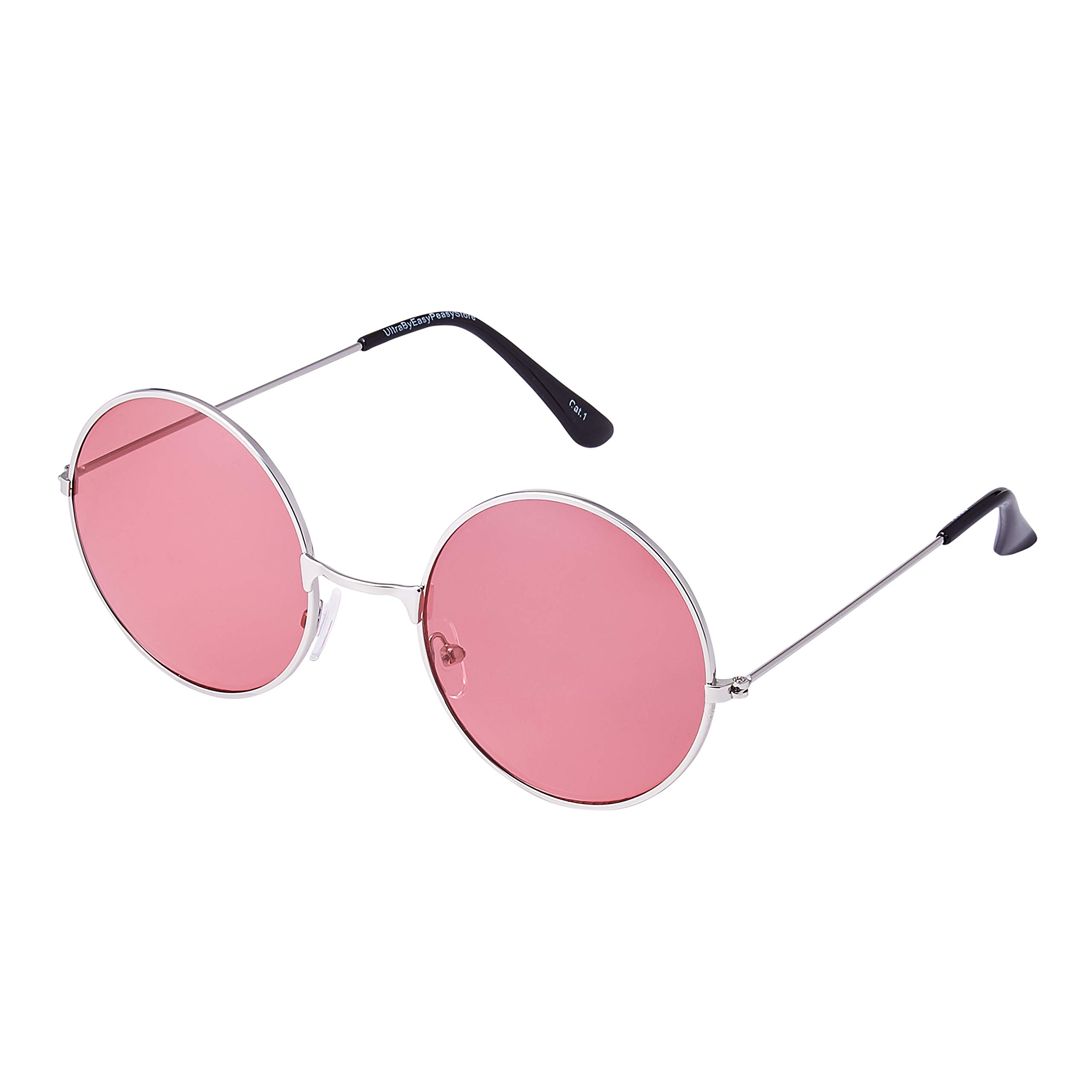 Ultra Round Sunglasses Silver Metal Frame & Pink Lenses Large Retro UV400