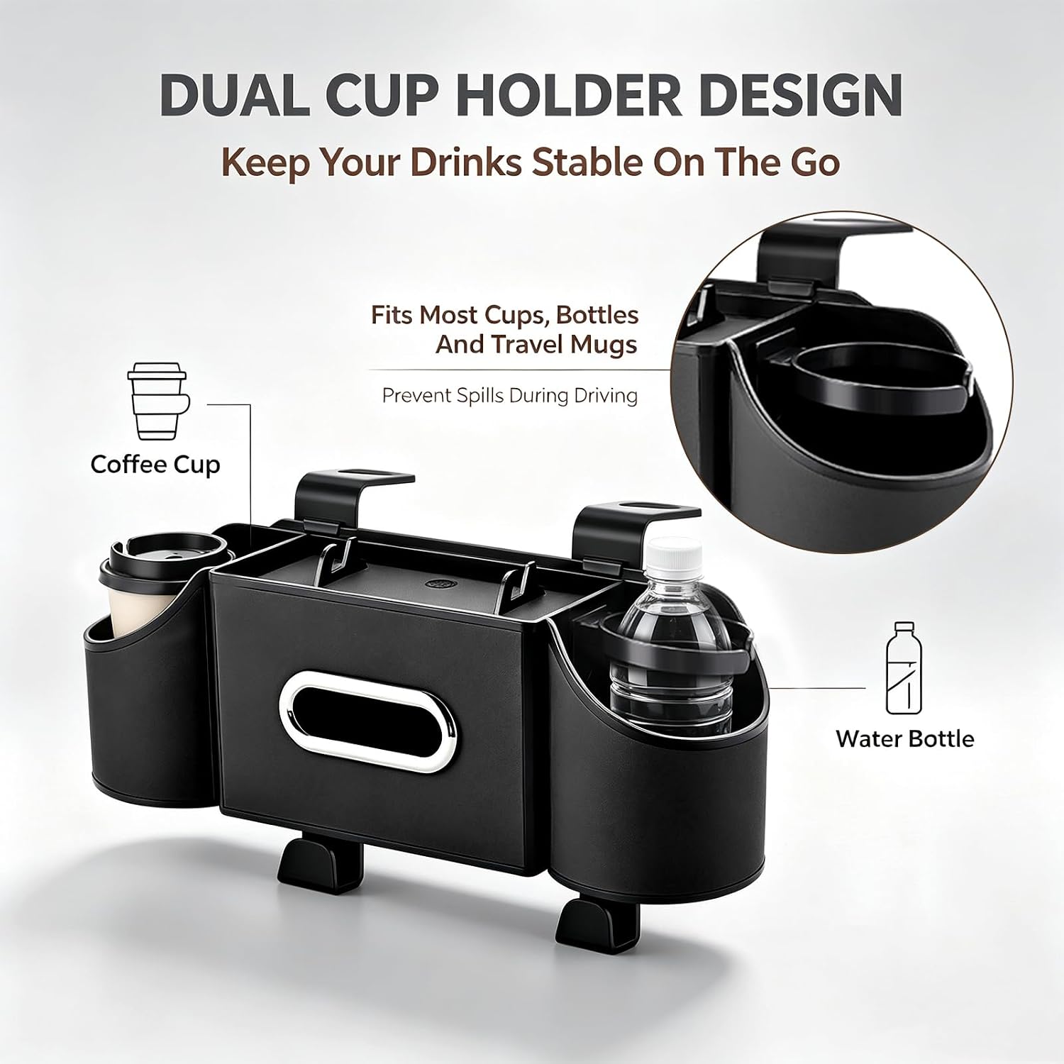 Back Seat Car Organizer, 2 Cup Holders, Tissue Holder, Phone Stand & Hooks