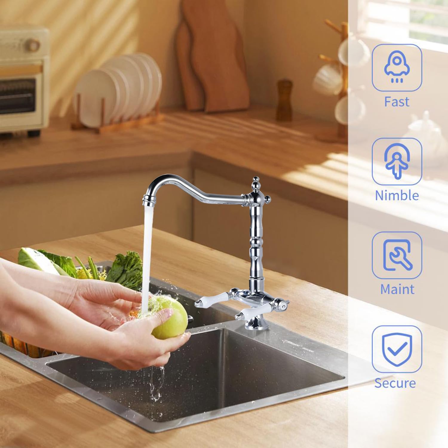 HomeLava Waterkraan voor keuken, wandmontage, 304 roestvrij staal