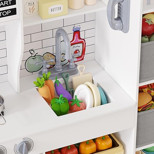 Miniatura 8 de Cocina grande de madera para jugar, cocinas de juguete grandes para niños con sistema de almacenamiento, juego de chef para niños pequeños con 14