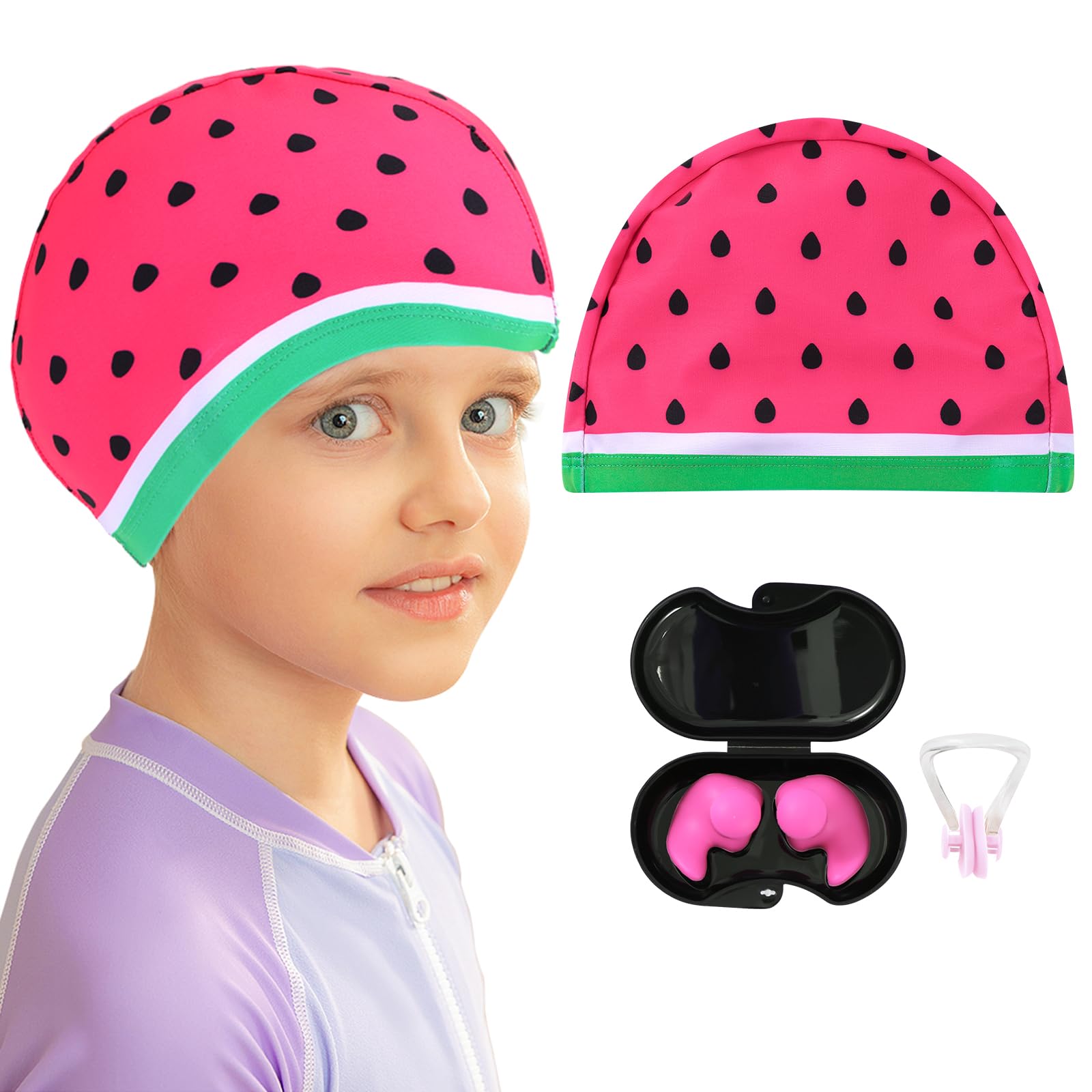 Funny Watermelon Kids Swim Cap with Ear Plugs & Nose Clip for Boys Girls, Cute Fruit Unisex Comfortable Waterproof Swim Hats Bathing Caps for Long and Short Hair Keep Hair Dry for Age 1-5 Toddler (A)