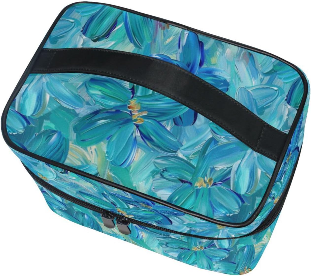 Makeup Train Case Turquoise Teal Flowers Carrying Portable Zip Travel Cosmetic Brush Bag Organizer Large for Women image 3