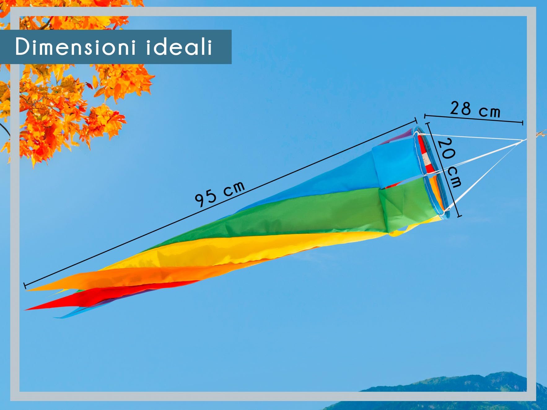 PHENO FLAGS Manica a vento arcobaleno, 95 cm - decorazione colorata per esterni da giardino - bandiera a vento per l'asta della bandiera, campanelli eolici e maniche a vento