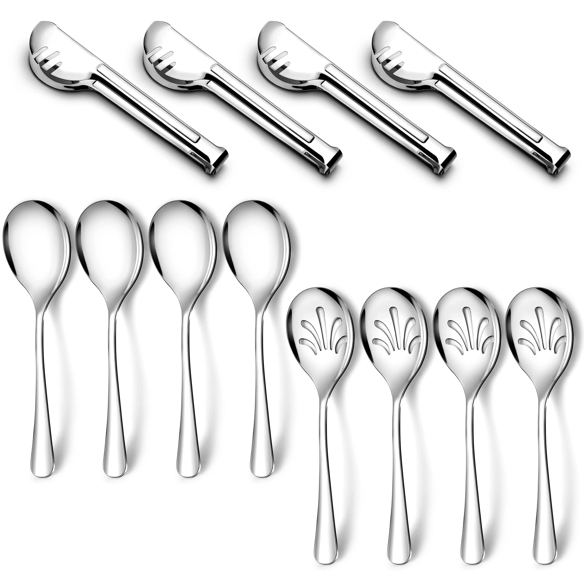 Stainless Steel Metal Serving Utensils - Large Serving sets-10" Spoons, 10" Slotted Spoons and 9" Tongs by Teivio (Silver, Set of 12)