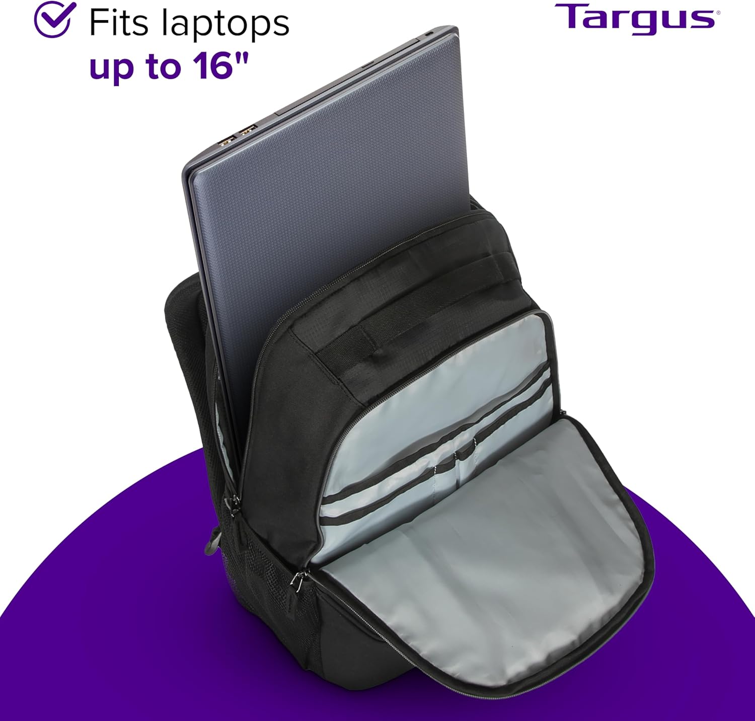 Open Targus Ascend backpack showing a laptop being placed into the padded compartment.