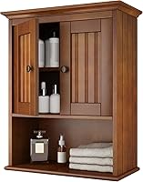 Treocho Rustic Wood Medicine Cabinet - Wall Mounted Bathroom Storage with Doors & Adjustable Shelf, Reddish Brown