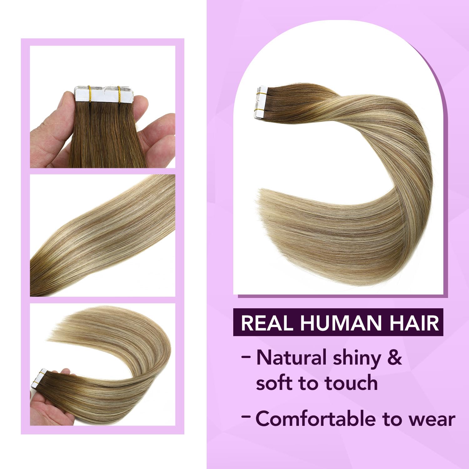 Sindra Extension Adhesive Cheveux Naturel, Brun à cendré Brun et blond 40CM Extension Bande Adhesive Cheveux Naturel 20PCS 50G (T40-3/8/22)