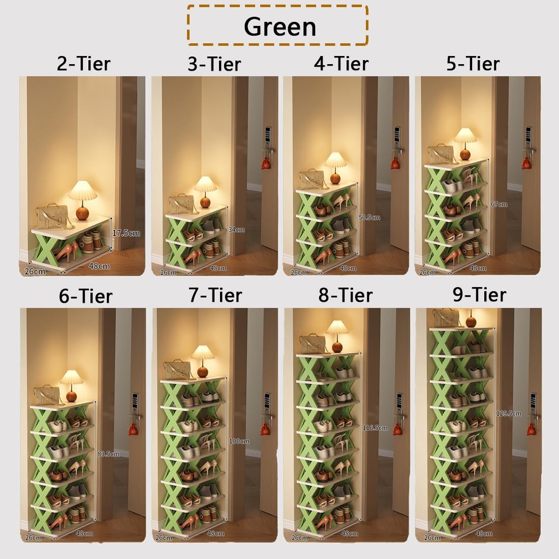 Zapatero apilable modular de 29 niveles de plástico que ahorra espacio, solución de almacenamiento para áreas pequeñas, fácil de montar, estantes verticales para zapatos (verde, 26 x 48 x 67 cm)