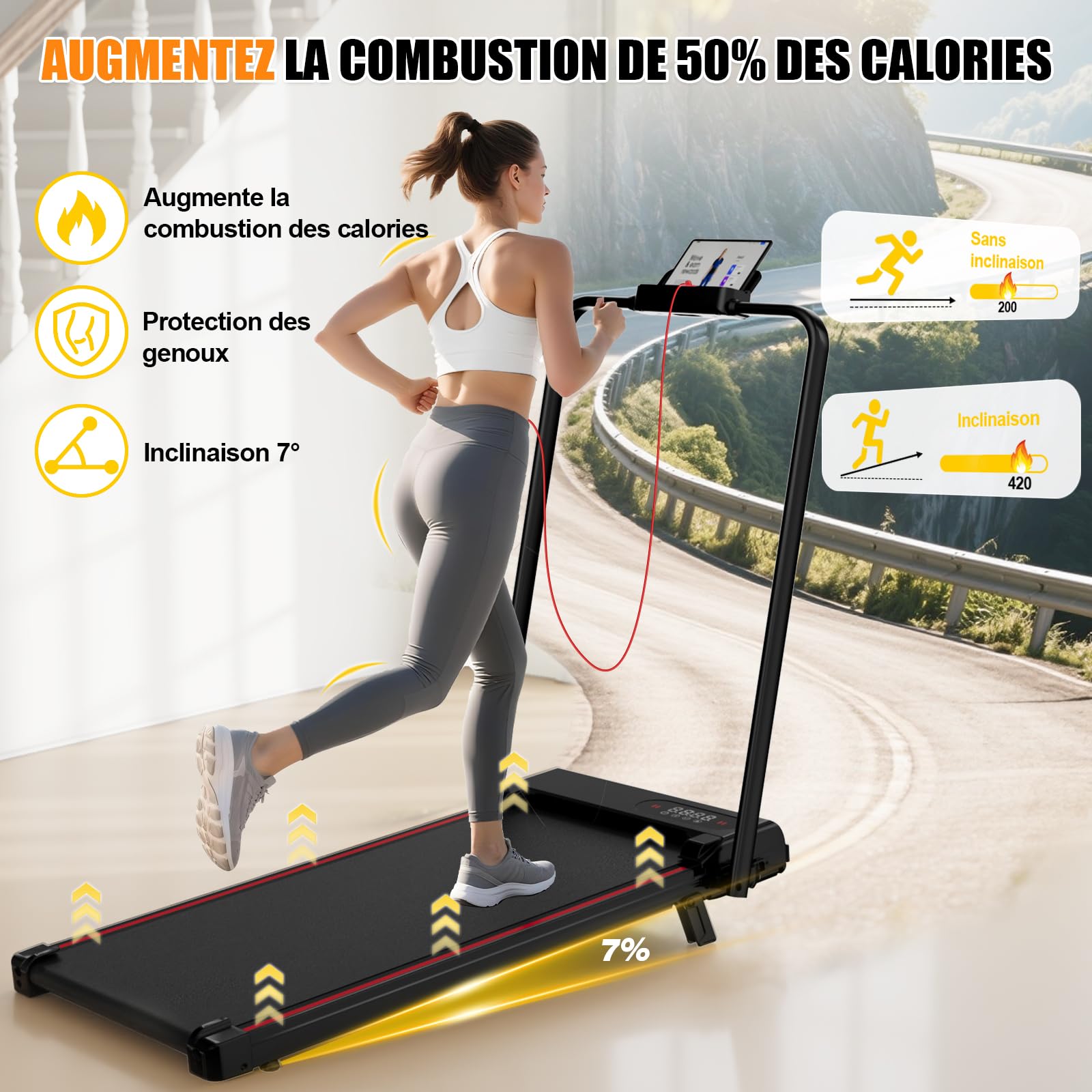Tapis de Course 4 en 1 Pliable avec Pente 7% – Tapis de Marche Électrique 8 km/h, Moteur 2,5 CV, Système d’Amorti Avancé, Écran LCD, Cadre Renforcé, 130 kg Max – pour Maison & Bureau