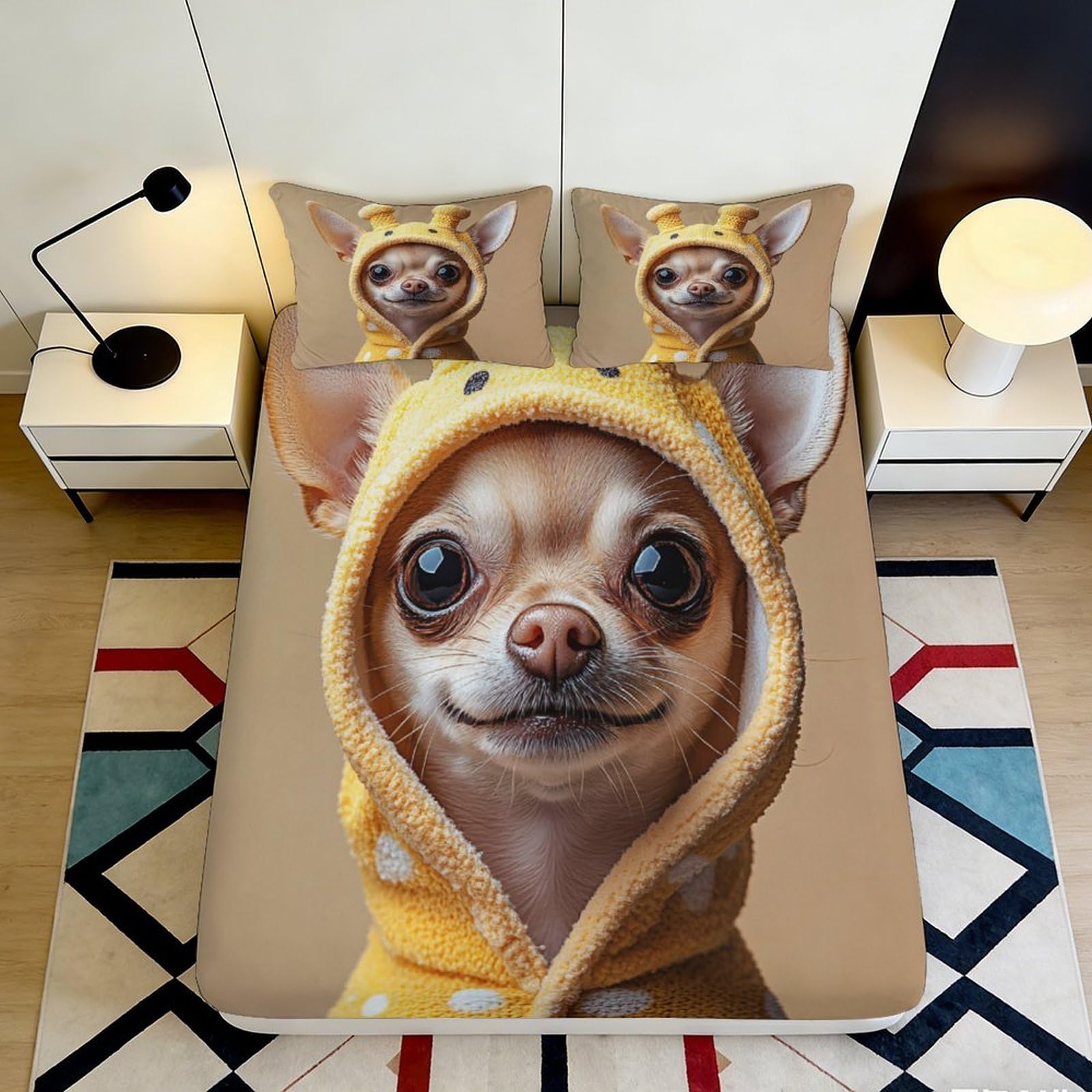 3D Printed Cute Chihuahua Fitted Sheet Microfiber Soft Yellow Hooded Dog Mattress Cover Bedroom Dorm Decor 90x200x25cm