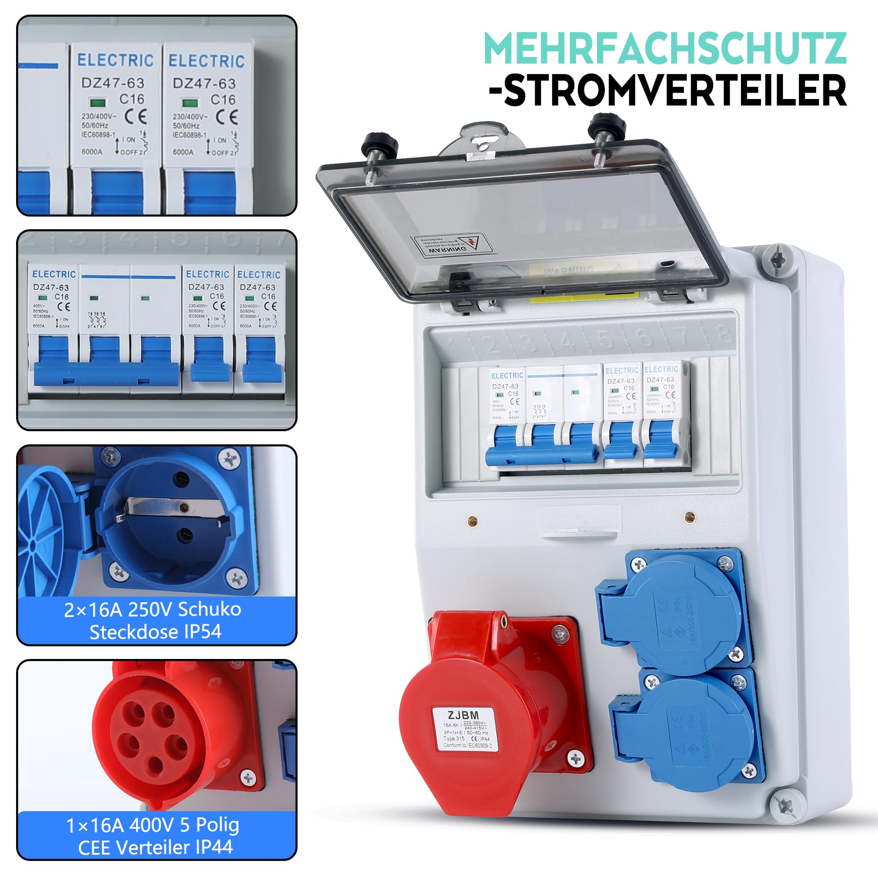 VAYALT Distributore di Corrente da Parete 16A, IP66 Scocca Impermeabile, 2 x Schuko 230V + CEE 400V 5 Poli, con Interruttore di Protezione LS, Resistente per Cantiere, Fabbrica e Settore Edile