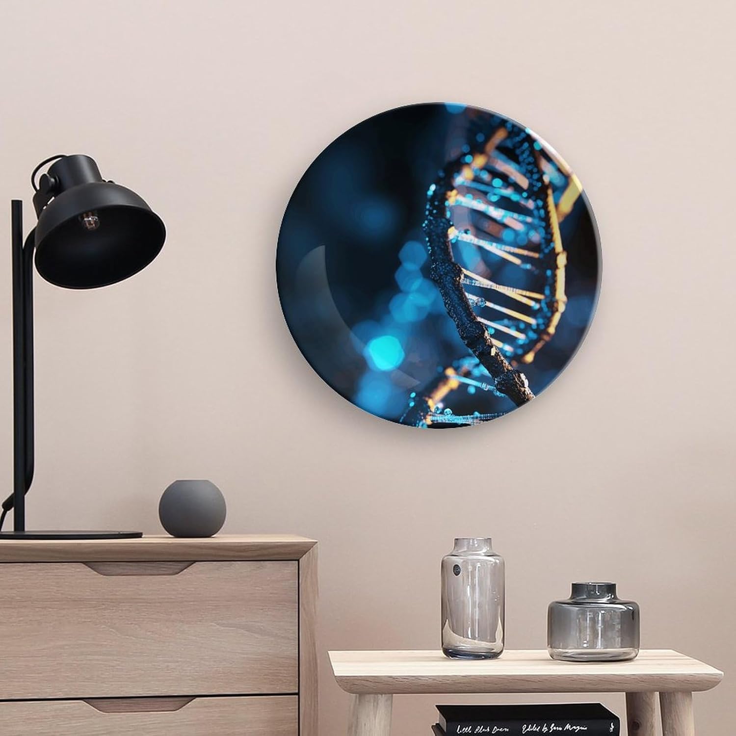 Blue And Black DNA Decorative Plates for Display Round Porcelain Plate Living Room Table Ceramic Hanging Decorative Plate Art Decor for Living Room Table with 1 Display Stand 10inch