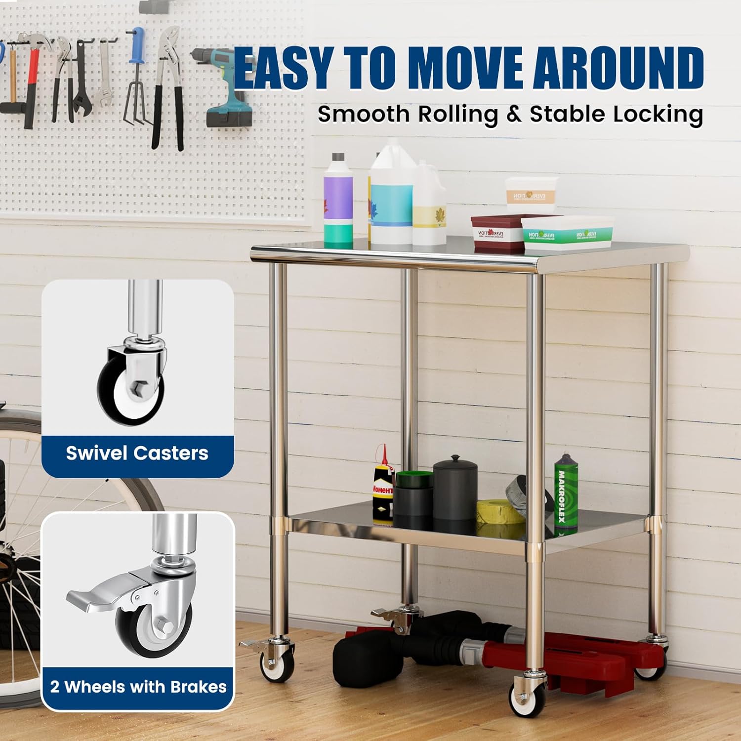 Stainless Steel Work Table with Wheels, 24x30 Inch NSF Kitchen Prep Table with Adjustable Undershelf for Commercial Restaurant, Garage, Outdoor BBQ