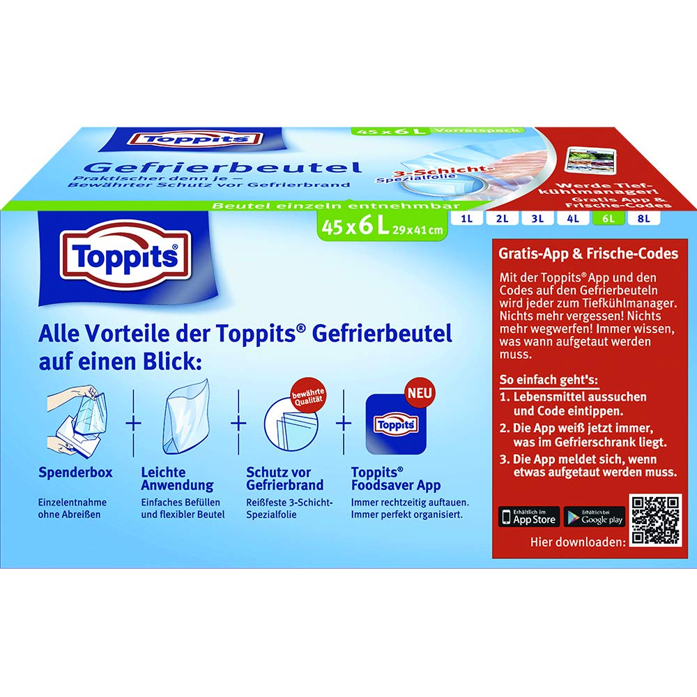 Toppits Bolsas para congelador, 6 litros, 45 unidades, con soporte, transparente