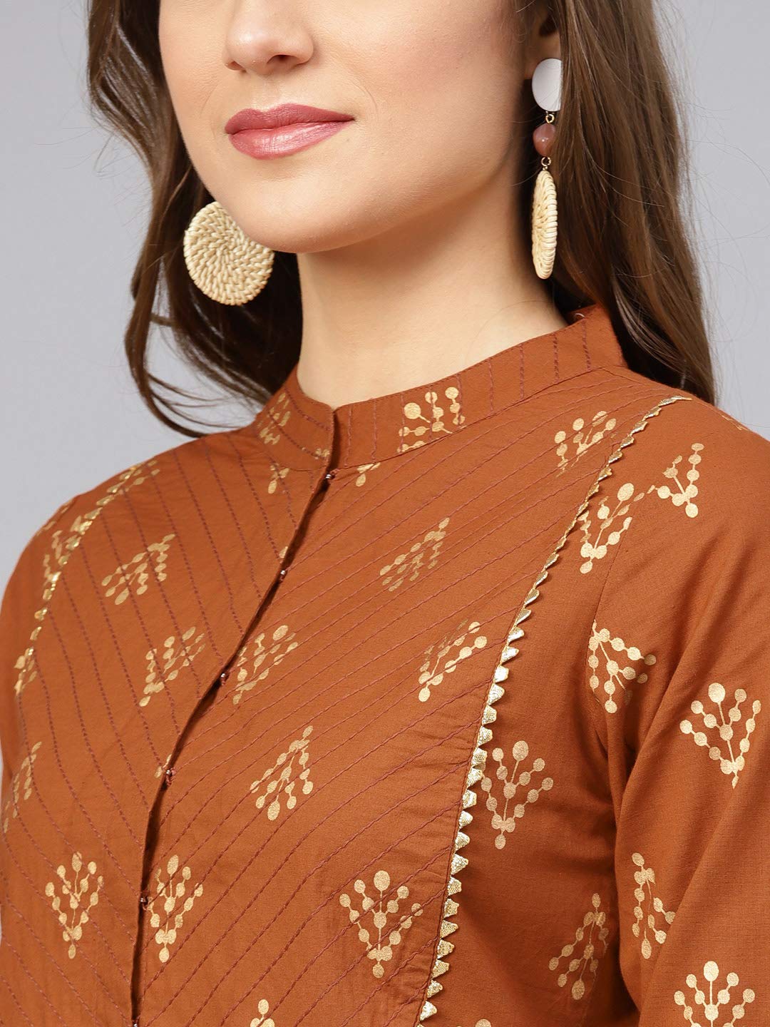 Idalia Womens Rust Gold Ethnic Kurta Set For Women Stylish Mandarin Collar Printed Cotton Kurta With Pant Set For Wedding & Festive