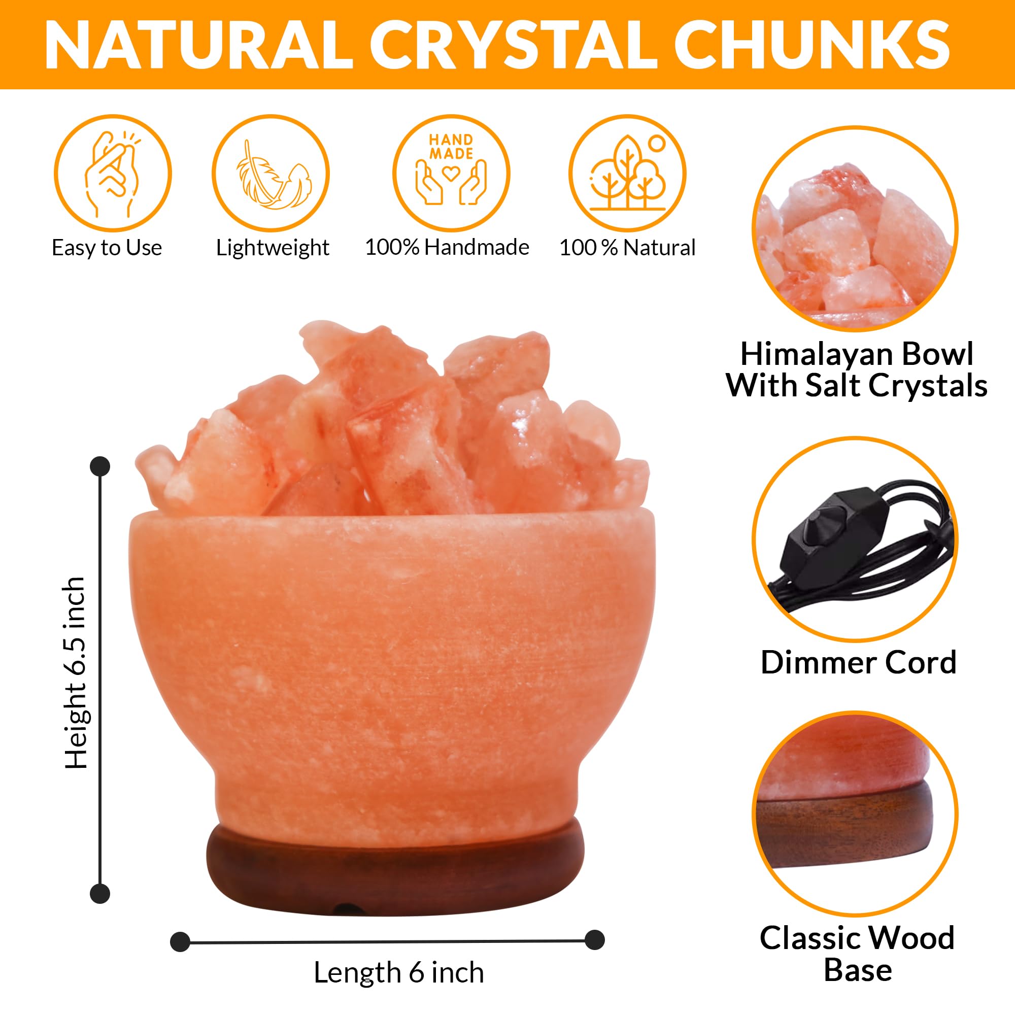 ZenGlo Himalayan Salt Lamp Bowl with Natural Crystal Chunks, with Dimmer Cord & Elegant Wood Base, Authentic from Pakistan, Perfect for Home Décor and Holiday Gift