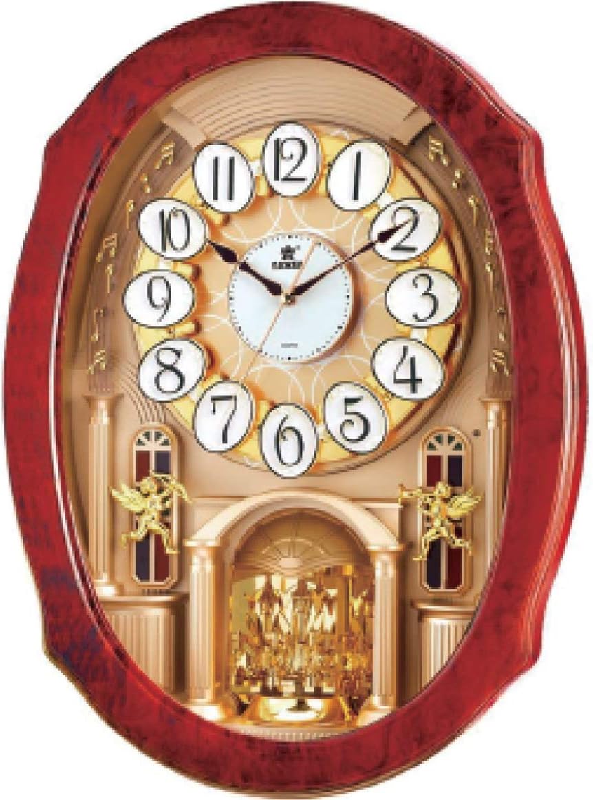 PWR Musical Motion Wall Clock | Melodies and Rhythm Moving Face | Color: Woodgrain and Gold with Crystal | Sound and Movement | Lights | Music: Classic, Christmas, Theraputic