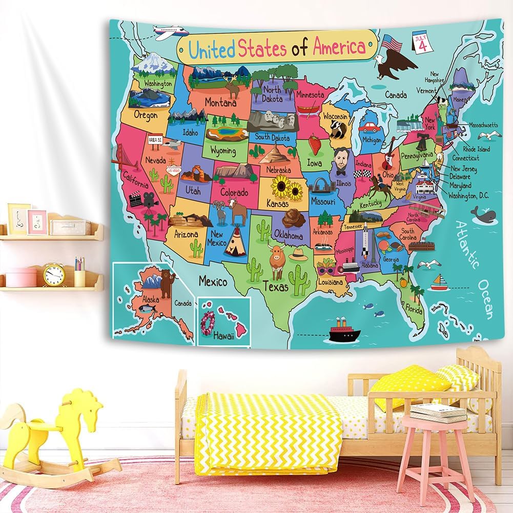 Kids United States Tapestry, Cartoon Fun Facts Geography USA Map America Wall Decor, Colorful Educational Wall Hanging for Children Bedroom Living Room, 40X30in