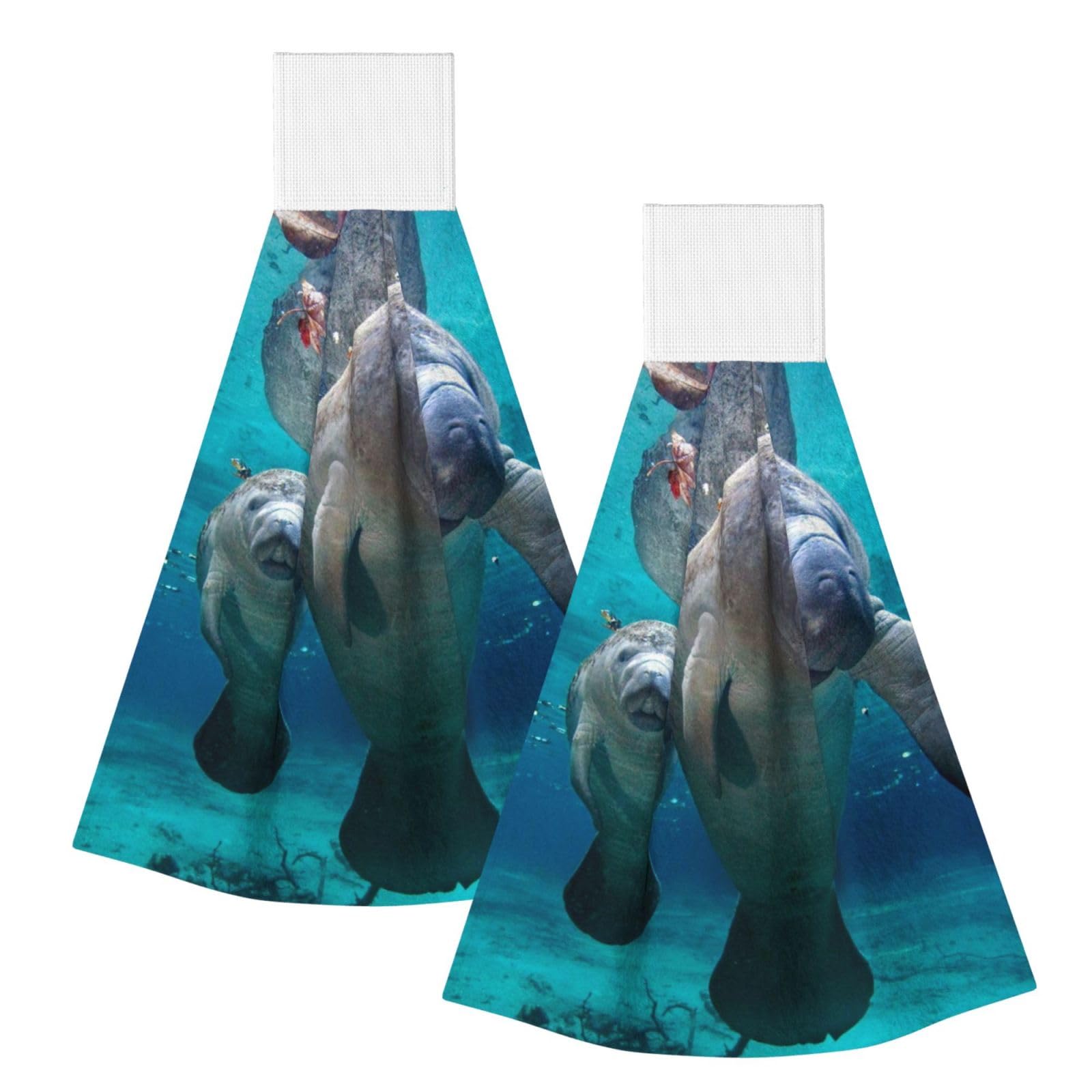 DOPKLNA Sea Manatee, 2 Pcs Hanging Coral Fiber Hand Towels for Bathroom, Absorbent Kitchen Towels