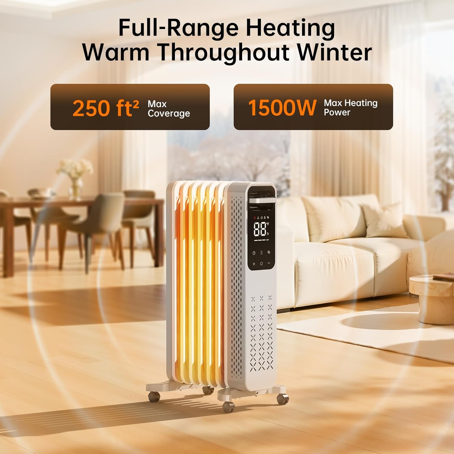 ZAFRO 1500W Oil Filled Radiator Heater, Energy Saving & Digital Thermostat, 24H On/Off Timer, Quiet Portable Wheeled Heater with Tip-Over & Overheat Protection for Home Office Indoor Use, Grey - Image 2