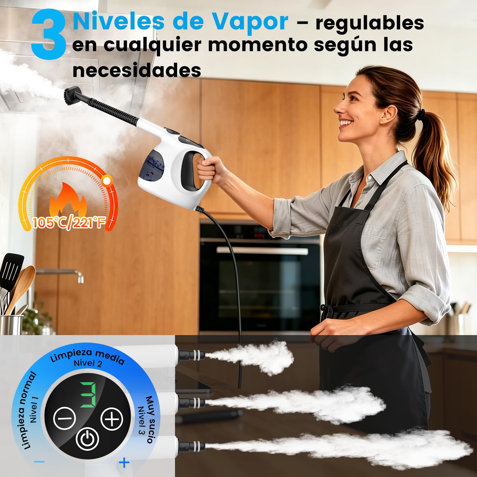 Vaporeta de Mano 1200W, Limpiador a Vapor Portátil con Calentamiento en 15s y Depósito de 400ML, Máquina de Limpieza a Vapor Ligera con 10 Accesorios para Limpieza Hogar, Cocina, Baño (Blanco)